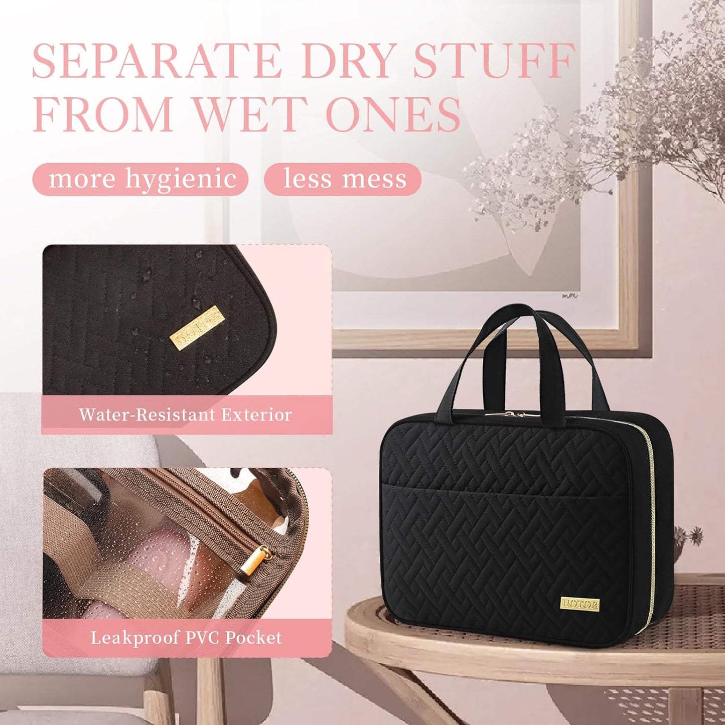 Travel Toiletry Bag - Waterproof Hanging Makeup Organizer for Men & Women | Medium Size, Black