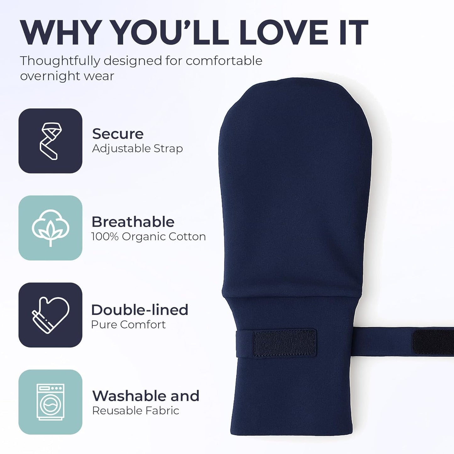 Organic Cotton Eczema Mittens for Adults - Anti-Scratch Nighttime Gloves with Adjustable Strap | Reusable & Washable, Navy, Medium
