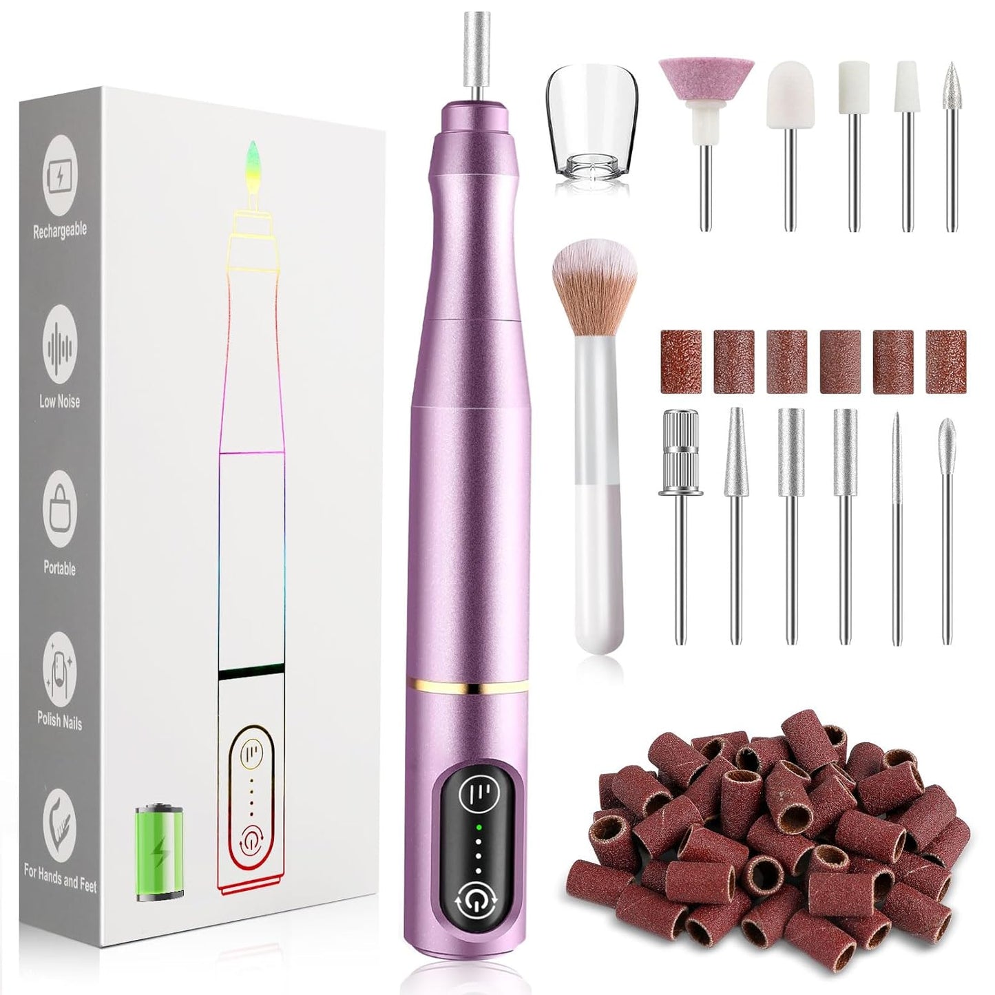 Cordless Nail Drill Electric Nail File Kit - Rechargeable Efile Set | Portable Manicure & Pedicure Tool, 11 Bits, Purple