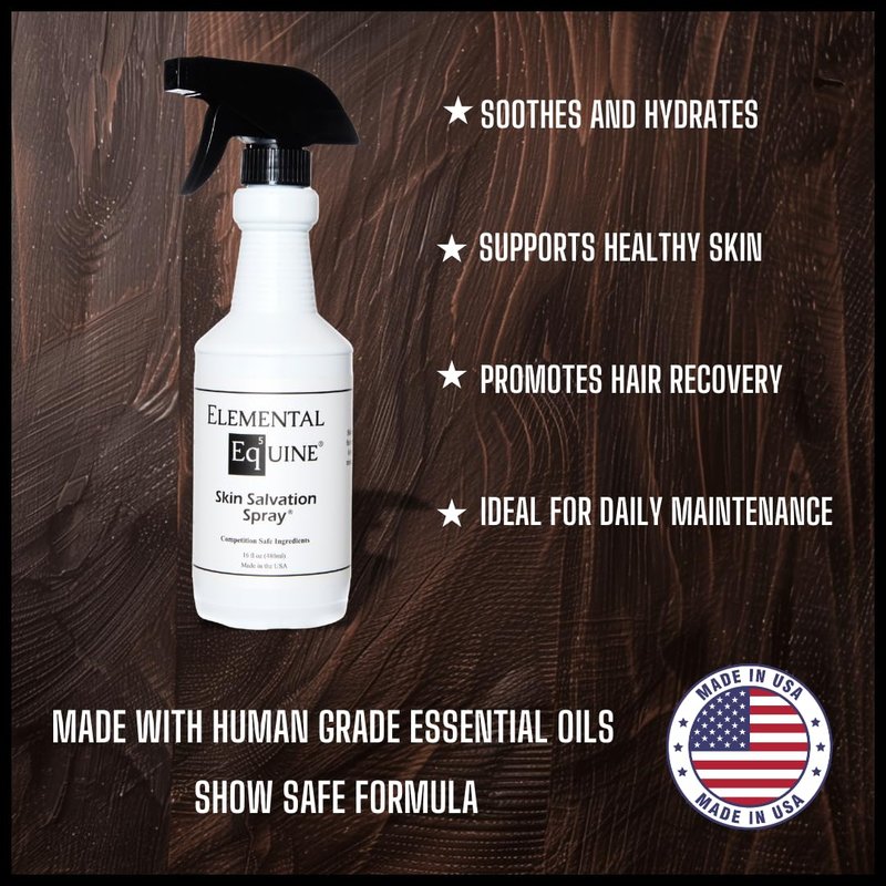 Elemental Equine Skin Salvation Spray 16oz for Horses - Helps with Mane and Tail Rubbing and Scurf, Hives, Daily Maintenance to Support a Healthy Hair Coat After Treatment of Skin Conditions.