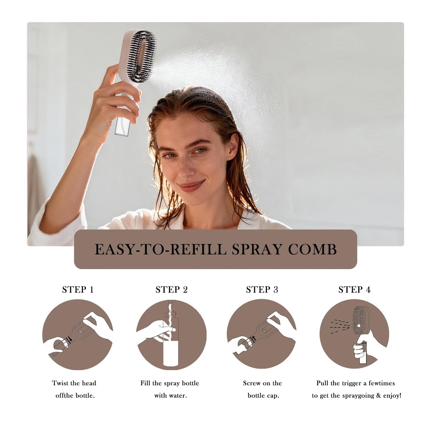 2-in-1 Manual Non-Electric Detangler Hair Brush with Built-In Mister Spray, Wet & Dry Detangling Brush for Curly, Wavy & Straight Hair, No-Tangle Anti-Frizz Brush，Reservoir 50ml.(Khaki)