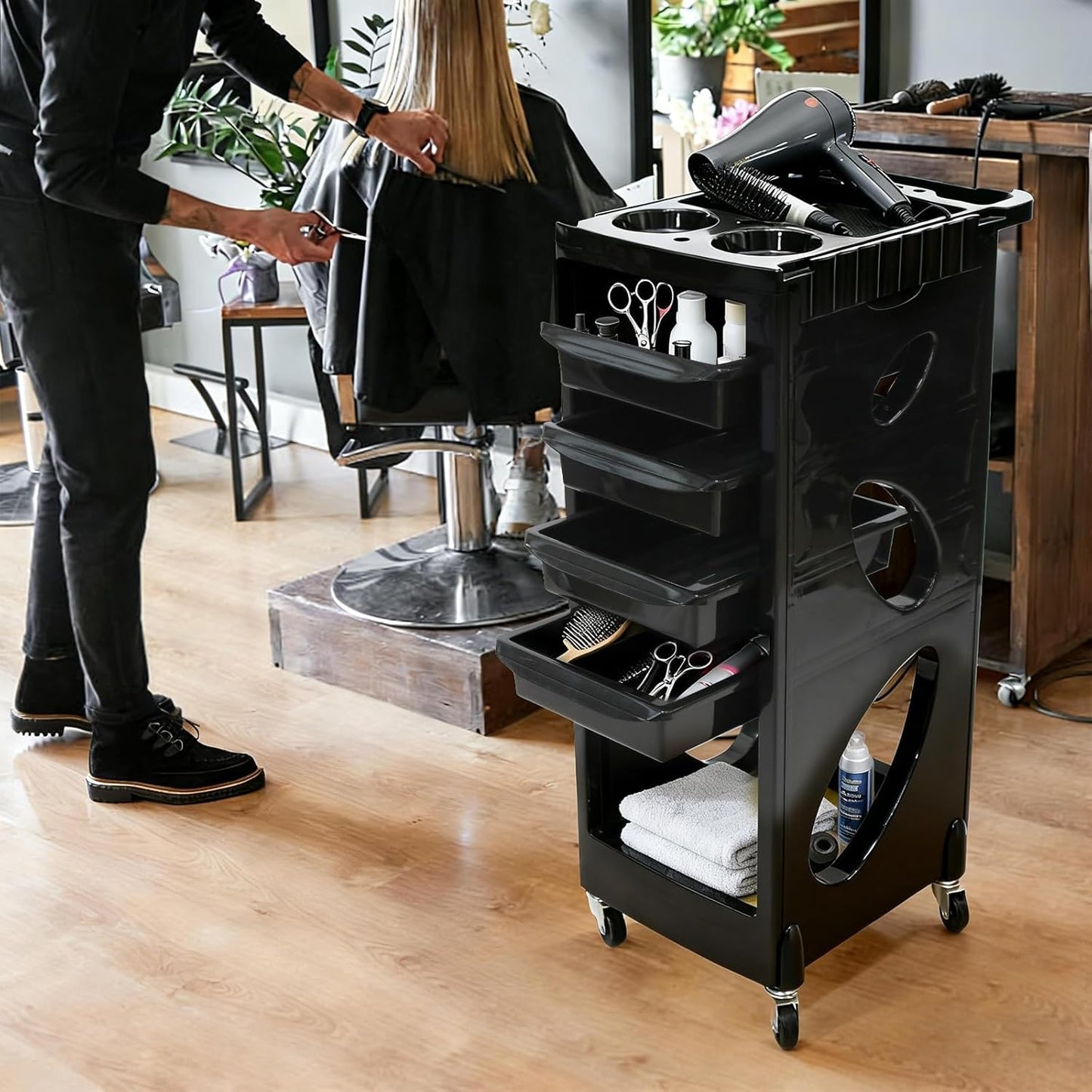 Salon Beauty Rolling Trolley Cart - Black Hair Storage Cabinet with Multi Drawers & 4 Wheels | Hollow-Carved Design