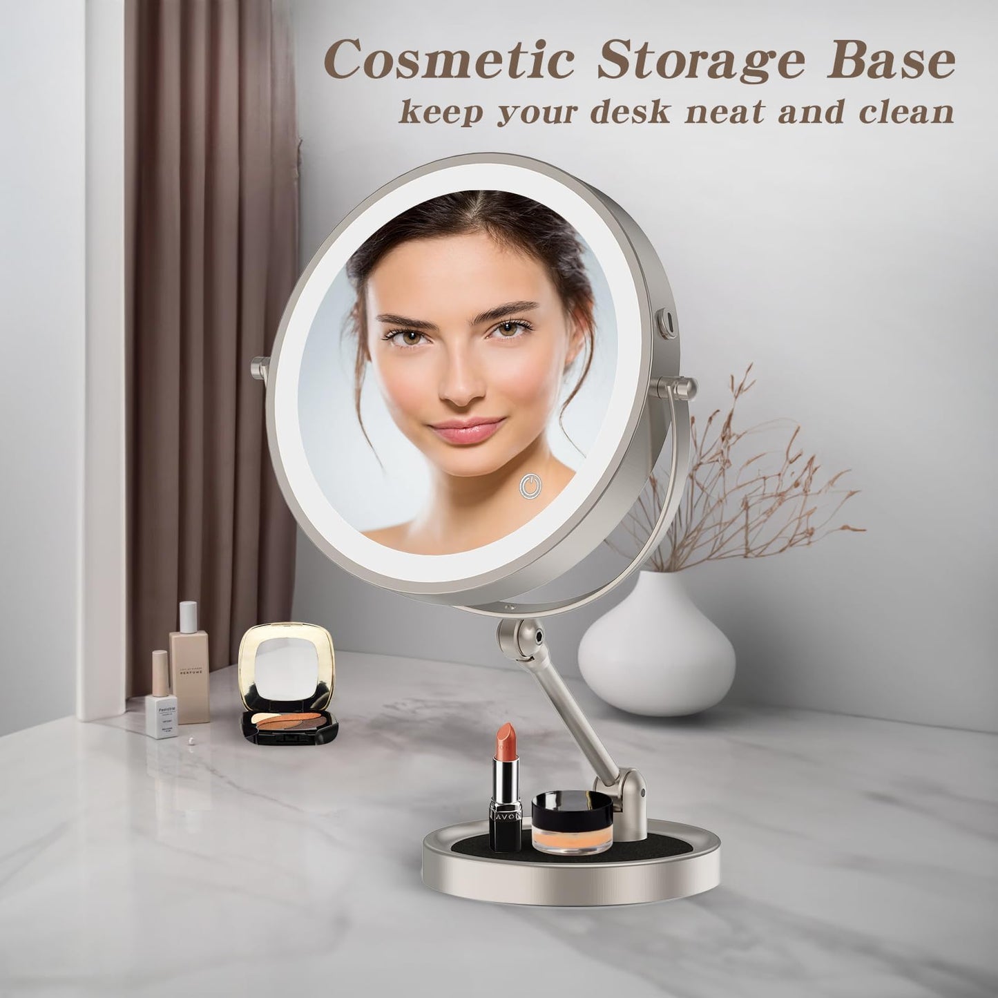 Rocollos Tabletop Makeup Mirror with Built-in Vanity Tray, 9" Rechargeable 4000mAh Lighted Vanity Mirror 1X/10X Magnification, Height-Adjustable Arm, 3 Color Dimmable (9Inch Nickel)