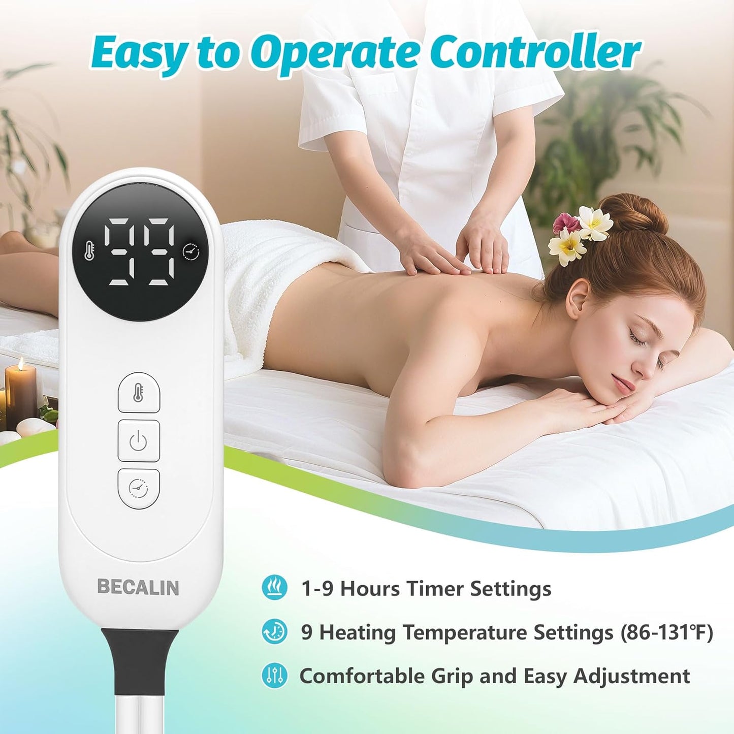 Massage Table Warmer - Professional Heating Pad with 9 Heat Settings & Timer | 30" x 71" for Spa & Massage