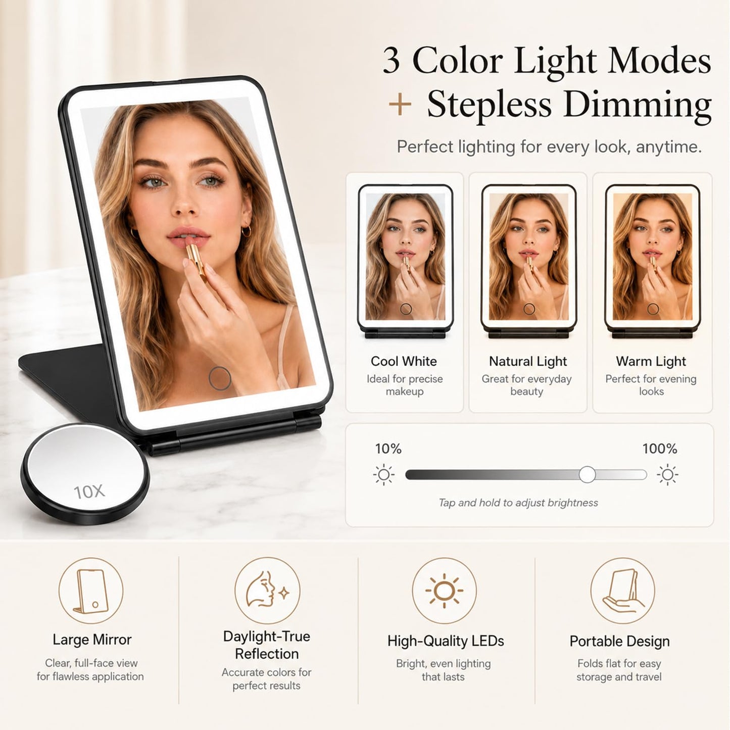 Tyseoome Rechargeable Lighted Makeup Mirror for Travel & Home – Foldable LED Vanity Mirror with Adjustable Brightness, 10X Magnifying Mirror, Portable Cosmetic Mirror for Women, Girls, Beauty Routine