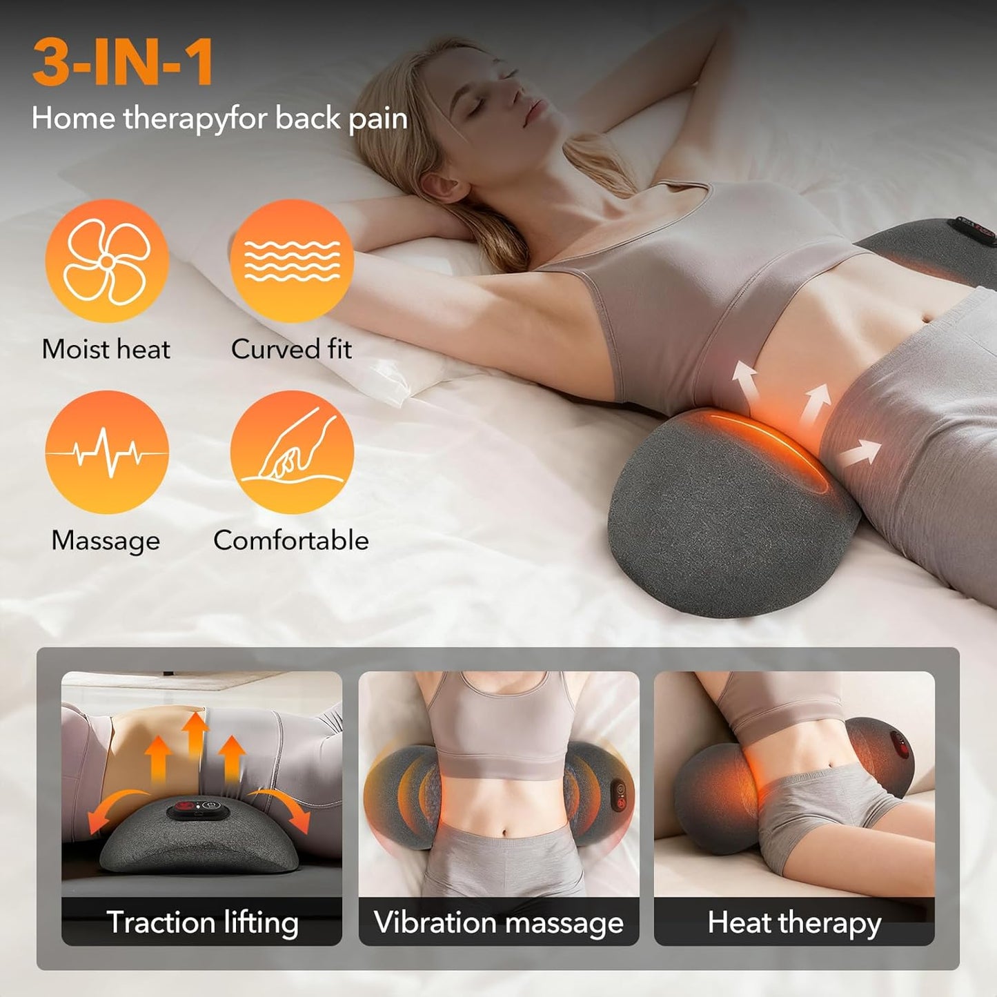 Triple Fusion Back Massager - Smooth Spine Pain Relief Device with Heat | Deep Tissue for Sciatica & Lower Back Pain
