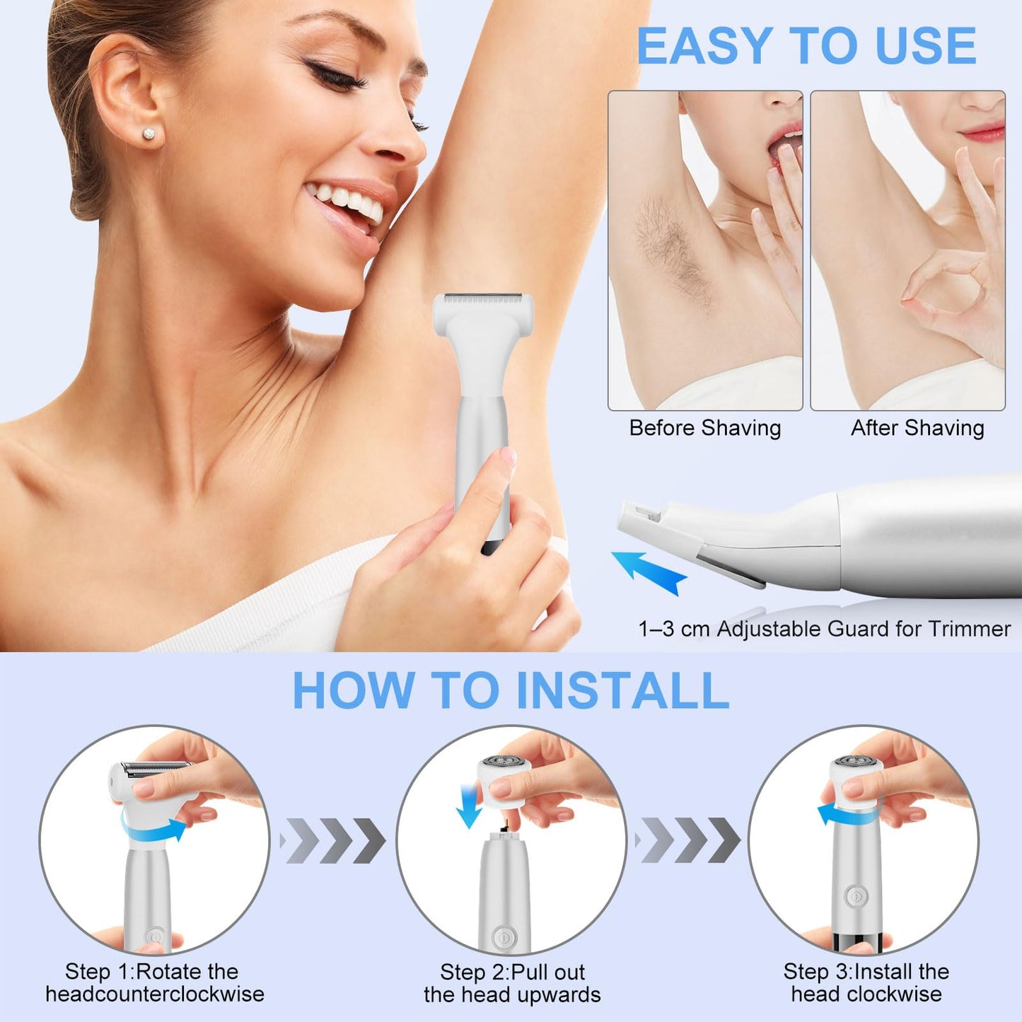 6 in 1 Bikini Trimmer and Shaver Kit for Women, Wet/Dry Electric Body Hair Trimmer Facial Hair Removal Cordless Waterproof Bikini Shaver Razor for Face Nose Eyebrow Arm Leg Pubic Armpit Bikini