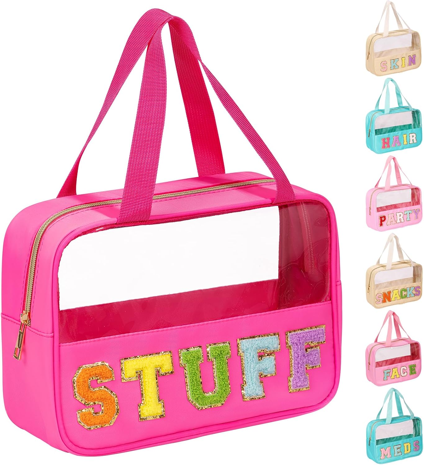 Chenille Letter Patch Makeup Bag - Waterproof Clear Travel Toiletry Bag with Handle | Large PVC & Nylon Storage for Women