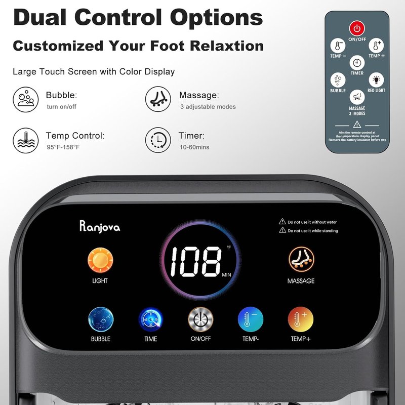 Electric Foot Spa with Touchscreen Display - Collapsible Heated Bath & Remote Control | 24 Shiatsu Massage Balls (Black)