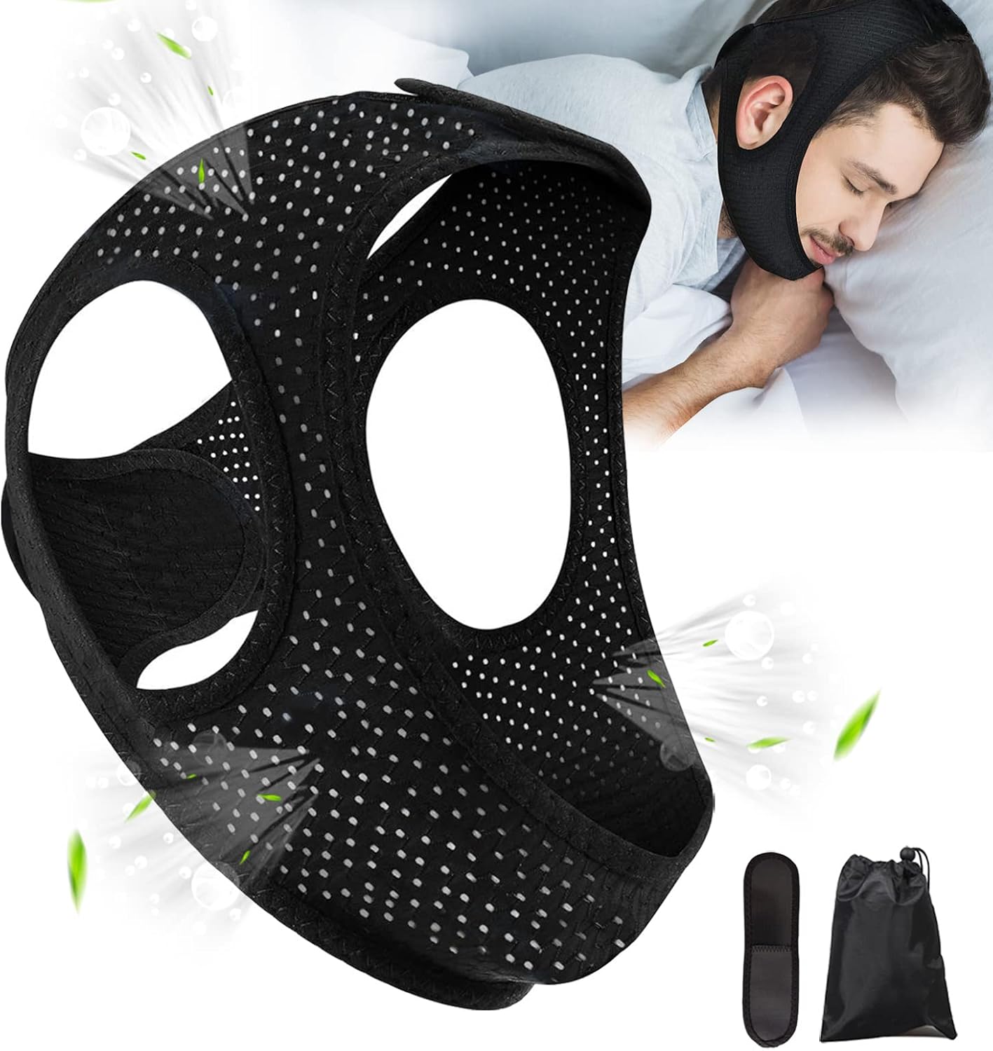 Anti Snore Chin Strap - Breathable Snoring Solution, Non-Stick Hair, Black | Comfortable Fit