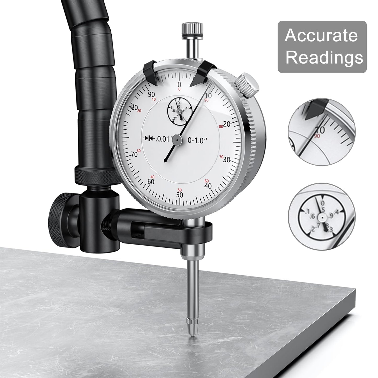HDLNKAK Dial Indicator 0-1'' with Magnetic Base, Dial Indicator Tools Set for Alignment, 0.001" Accuracy Measurement Tool with Flex Arm Base and Indicator Combo（ White Dial Indicator）