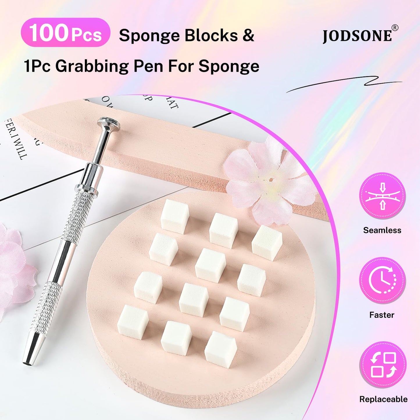 JODSONE 100PCS Soft Nail Sponges for Ombre with 1 Stainless Grabbing Pen Professional Gradient Nail Sponge Tool Nail Art Gradient Designs Blush Nail Art