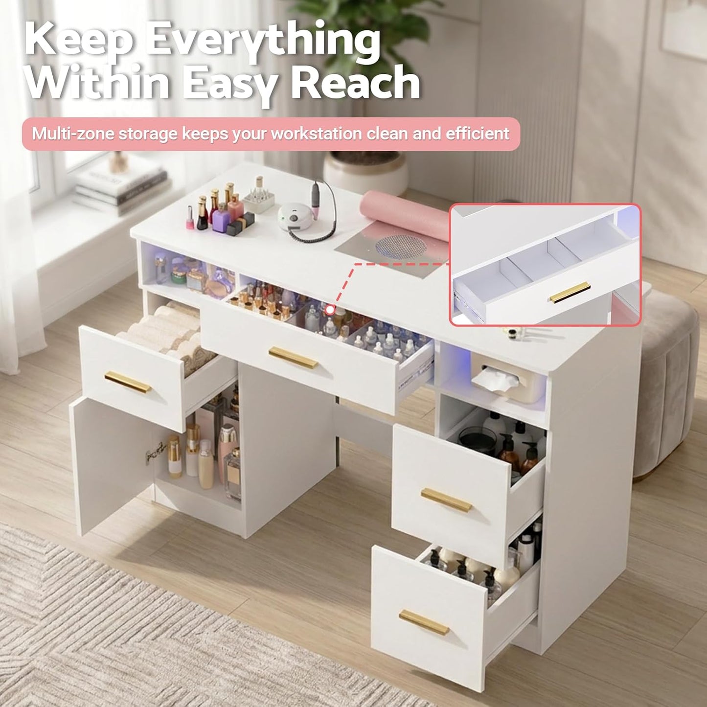 Nail Desk with Dust Collector & LED Lights - Professional Manicure Table for Salon or Home Studio | White with Pink Accents