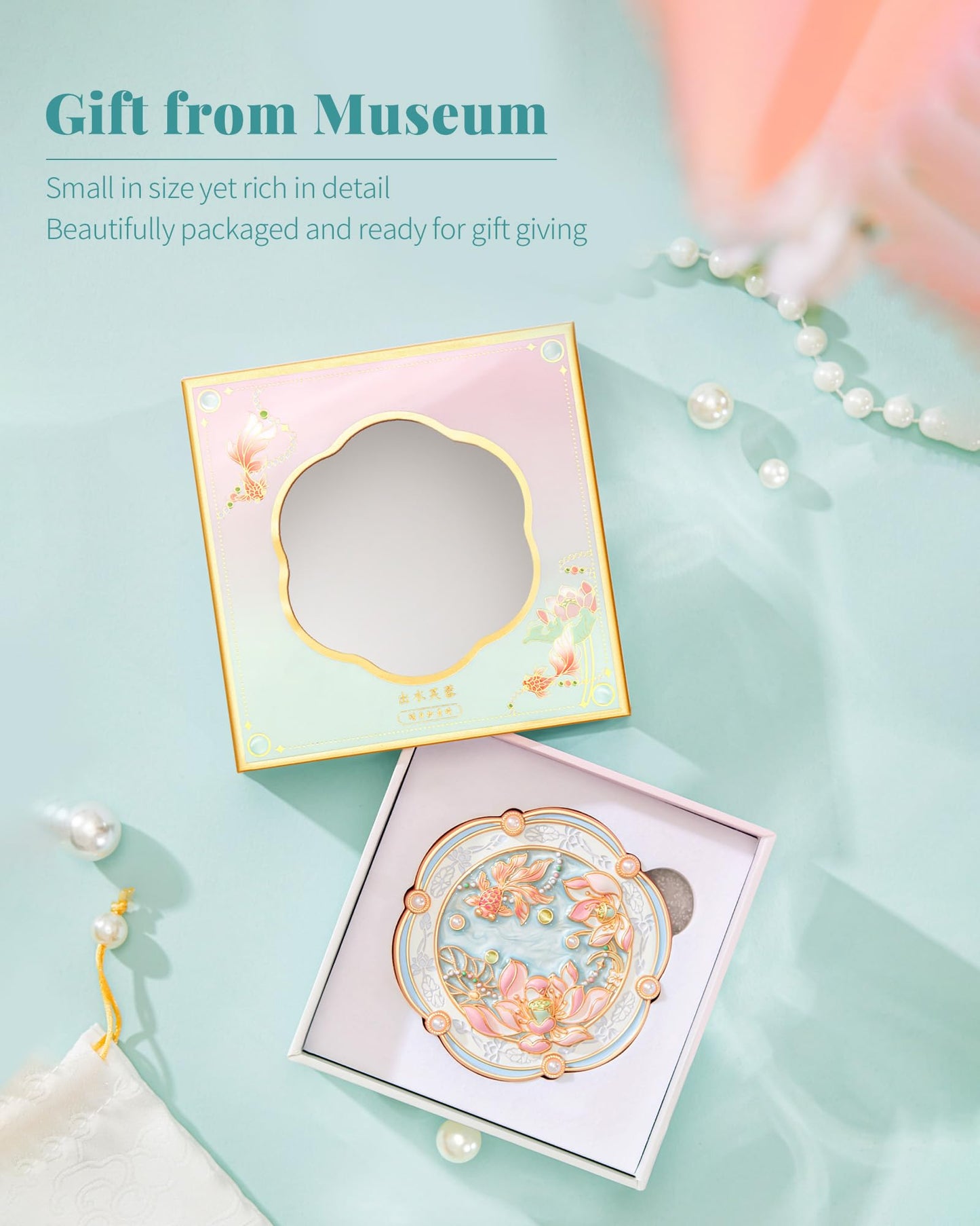 Imperblooms Lotus Bloom Compact Mirror, Small 2X Magnifying Makeup Mirror for Purse Pocket, Mini Portable Folding Blue Mirror, Chinese Style Gift for Women Girls