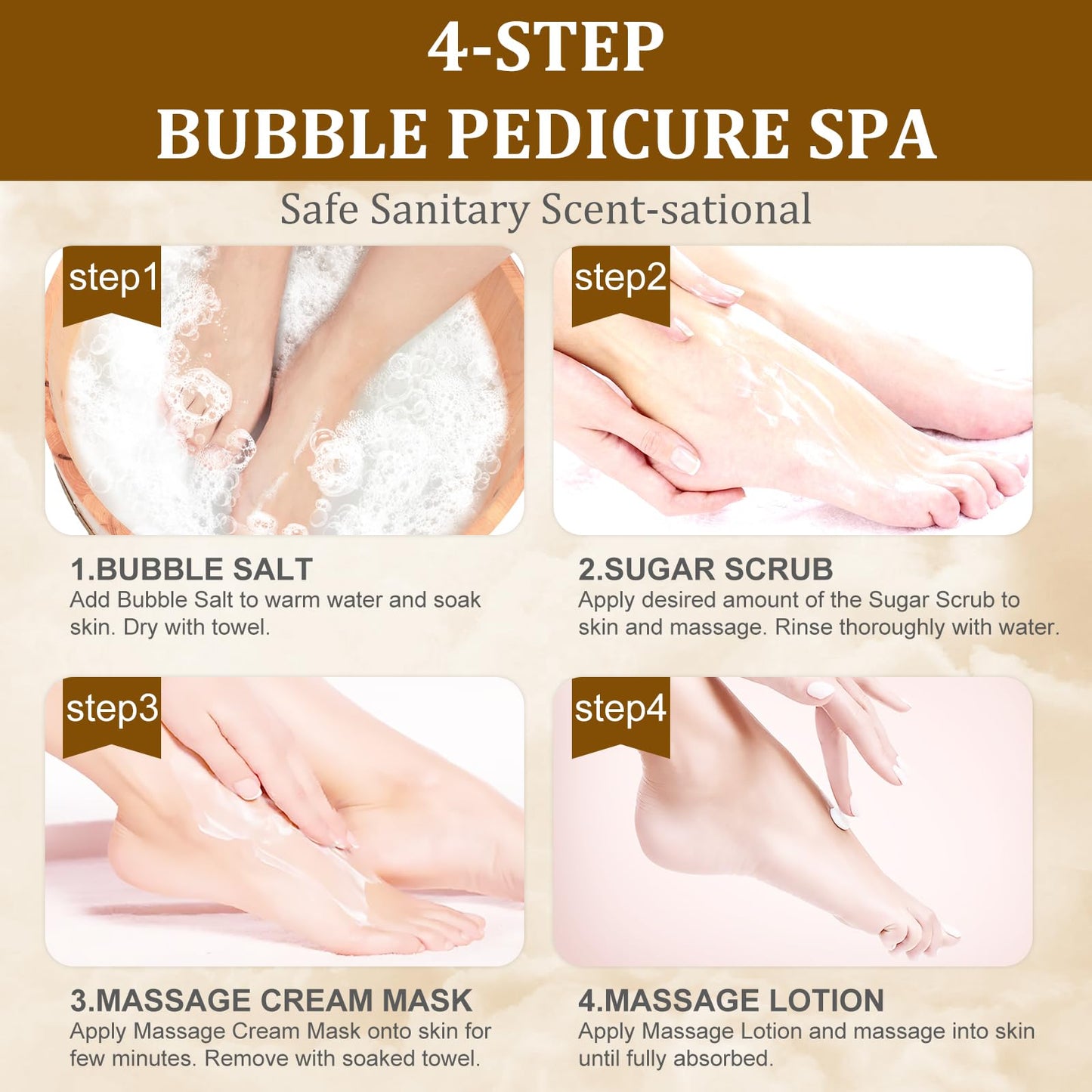 nbc BeautiLab Pedicure Kit Foot Soak Set: Bubble Salt, Sugar Scrub, Massage Mask, Massage Lotion in a Box, 4 Step Foot Spa Kit for Dry Feet,Tired Feet（3 Set Golden petals)