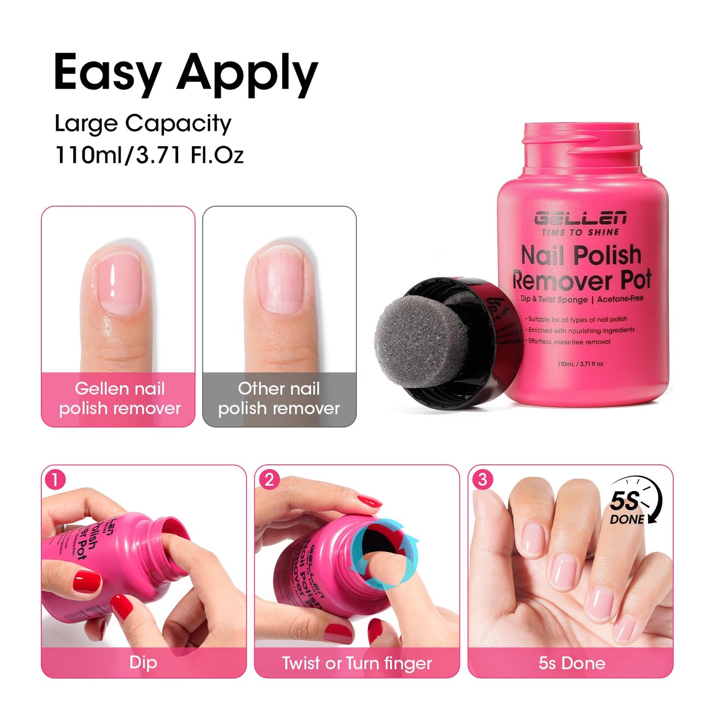 GELLEN Nail Polish Remover Jar, Fragrance Acetone Free, 5-9s Quick Removal