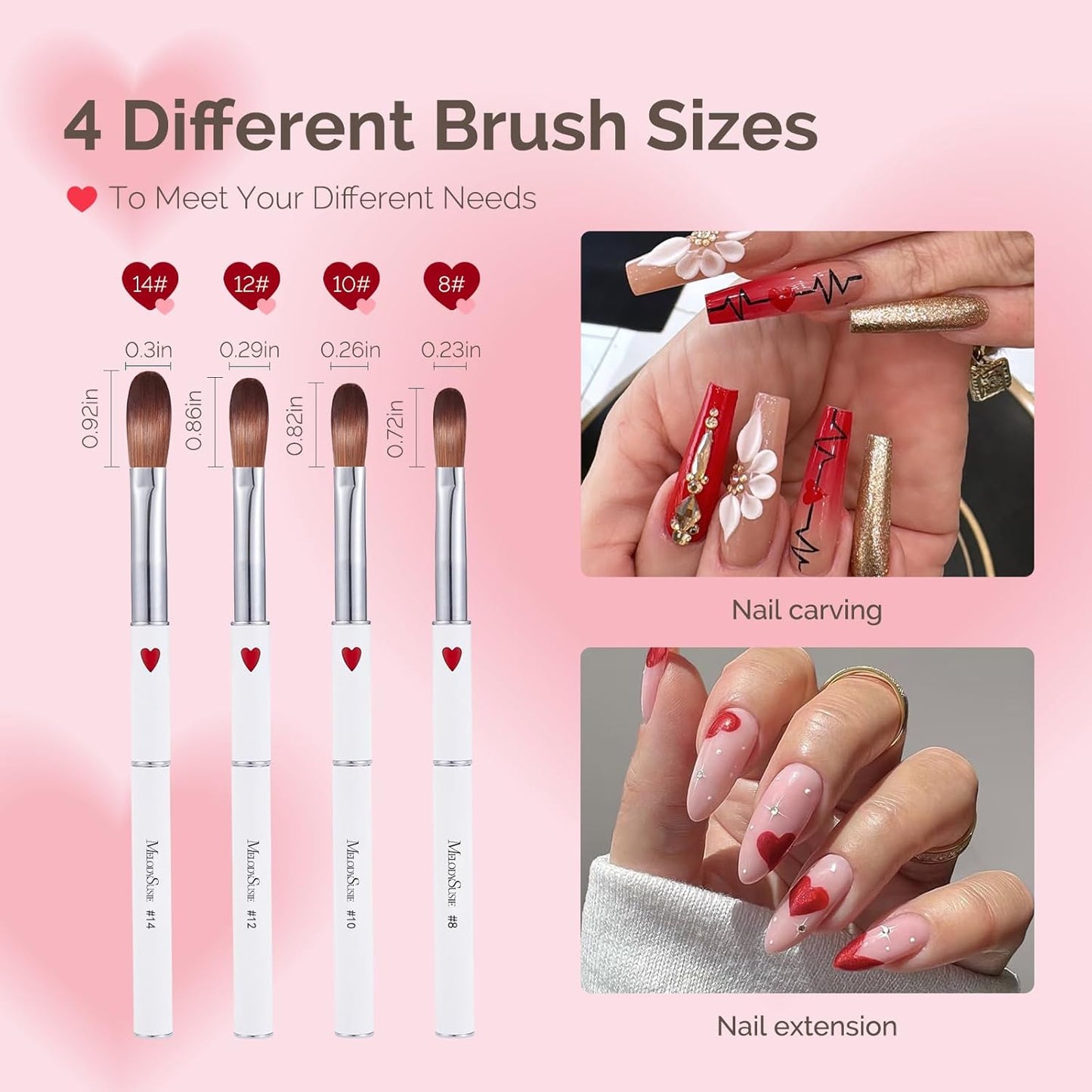 Acrylic Nail Brush Set - 4Pcs Size 8/12/14/16 for Acrylic Powder Extensions & 3D Carving | DIY Home Salon