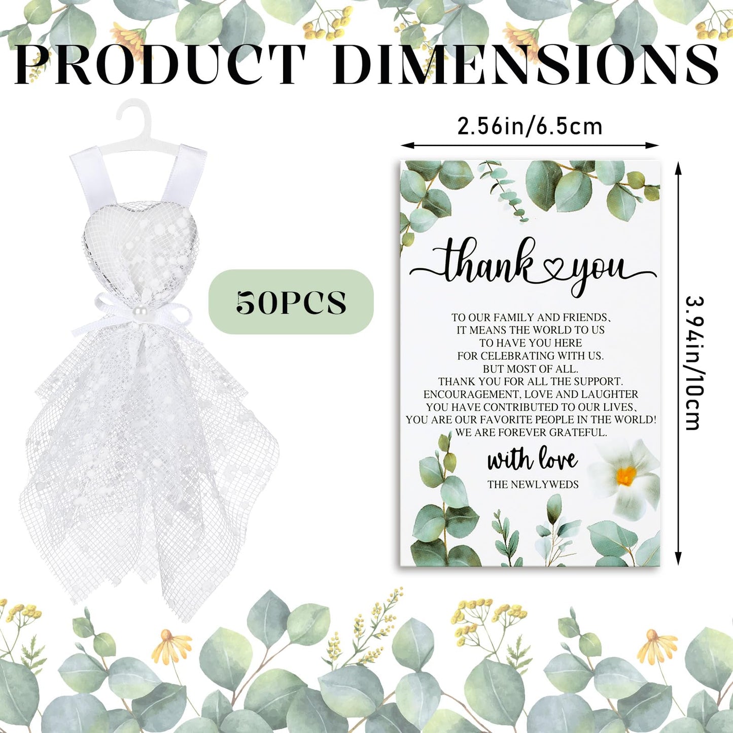 Conelist 150 Pcs/50 Sets Bridal Shower Party Favors Wedding Party Favors for Guests Bulk Bachelorette Heart Shaped Candles in Mini Wedding Dresses Engagement Bridesmaids Gifts with Thank You Card