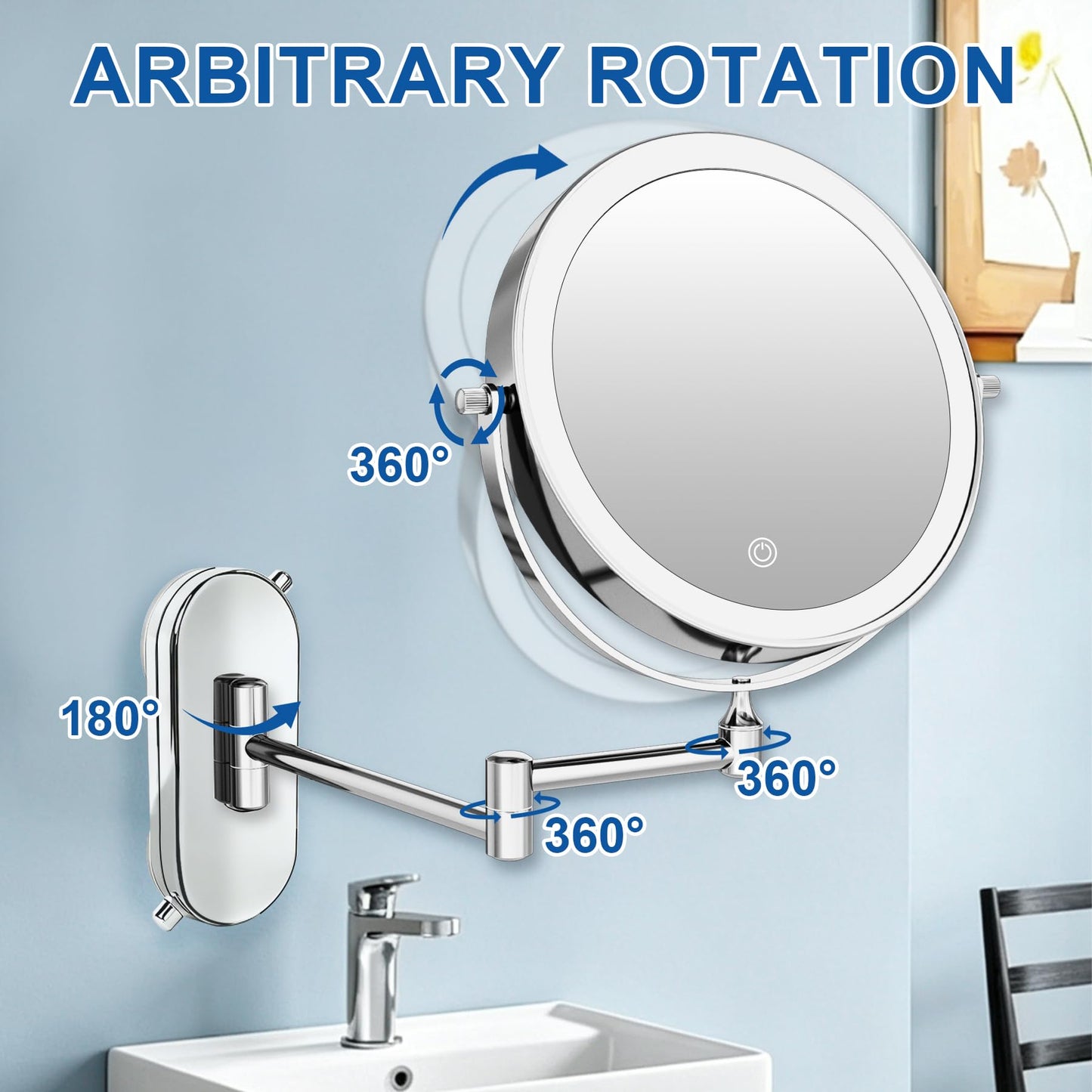 8“Lighted Makeup Mirror Wall Mounted Suction Cup,1X/10X Magnifying Mirror Rechargeable No Drilling Wall Mounted Makeup Mirror Swing Arm, 2000mAh USB Charging, Wall Mount for Bathroom & Shaving Chrome