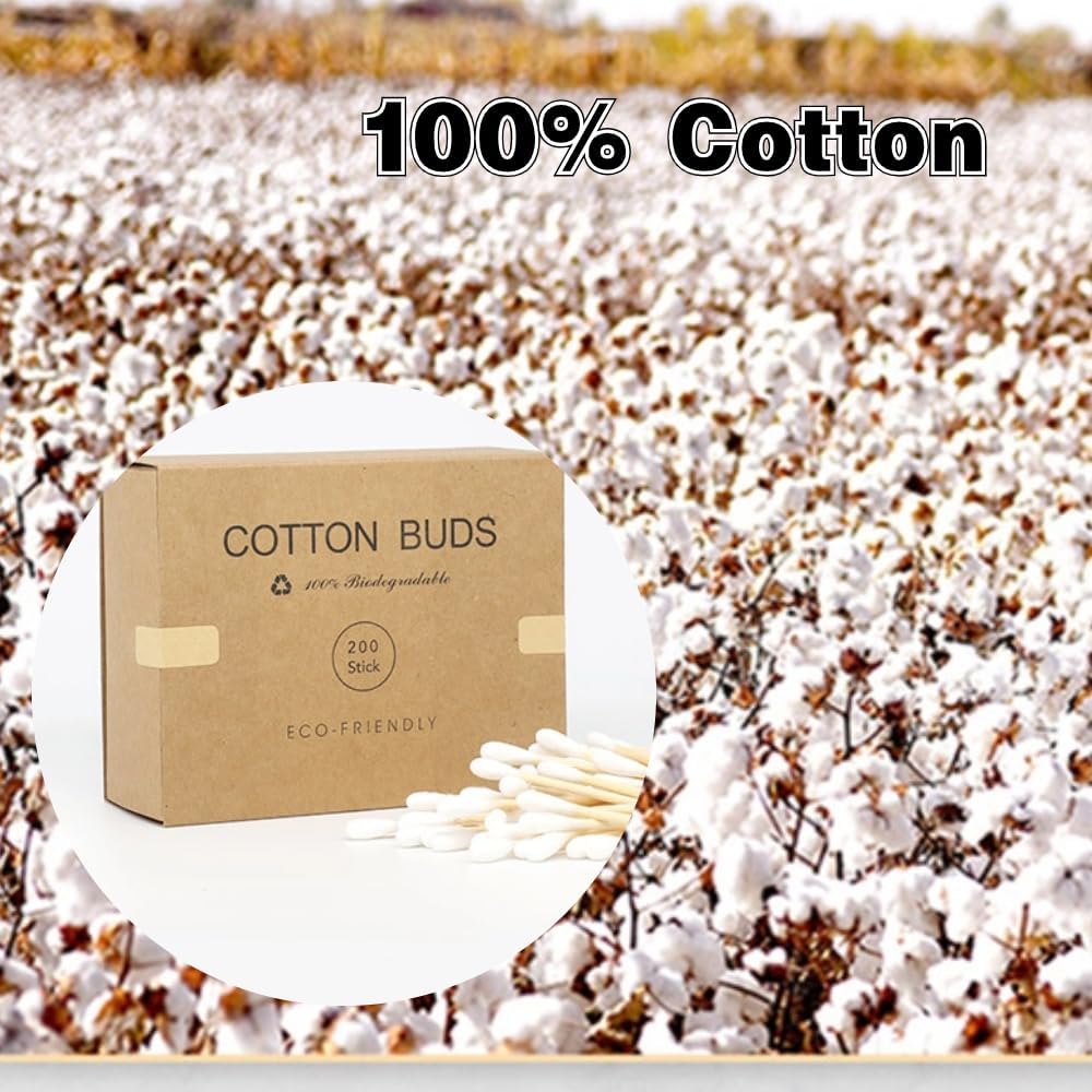 Premium Cotton Swabs - Biodegradable Organic Double Tips for Ear Wax Removal | 200 Pack, Green