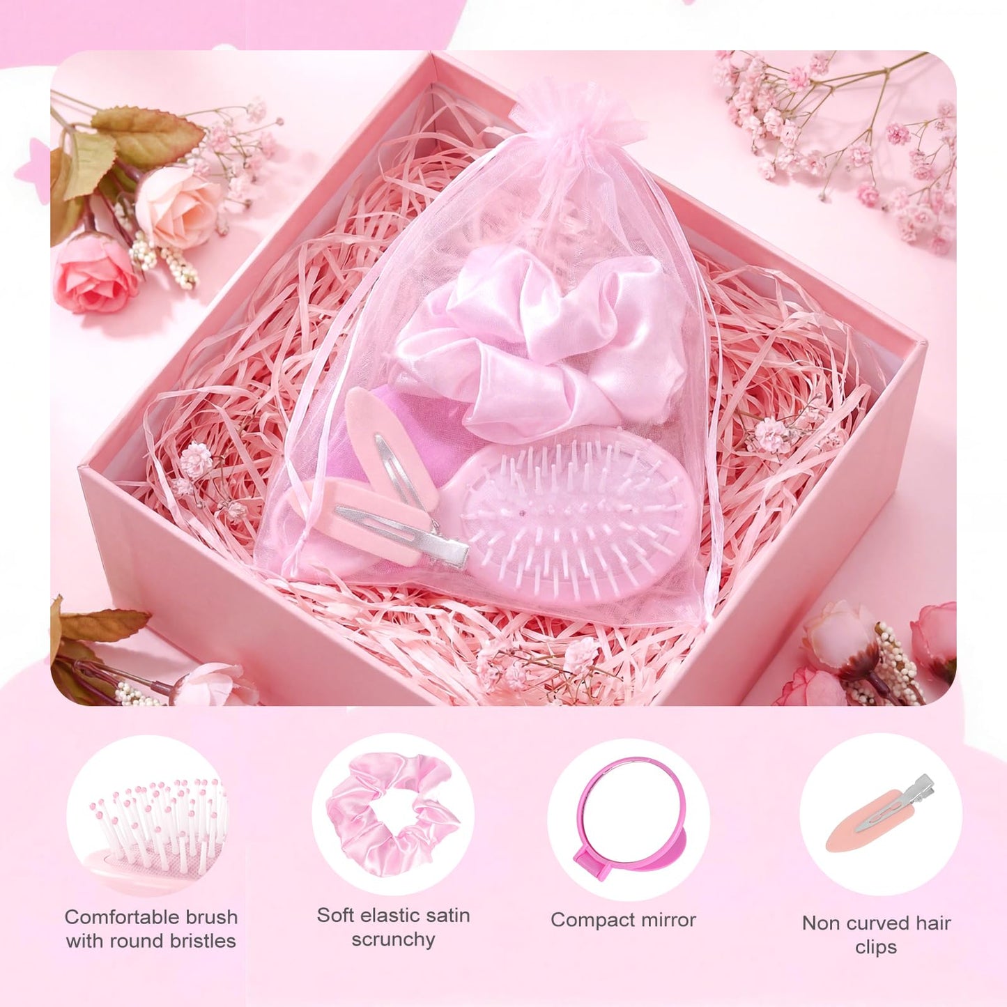 YPJXBEST 60 Pcs Makeup Party Favors, Including Hair Brushes, Elastic Scrunchies, Pocket Cosmetic Mirrors, And Organza Bags, Hair Clips Accessories(pink)