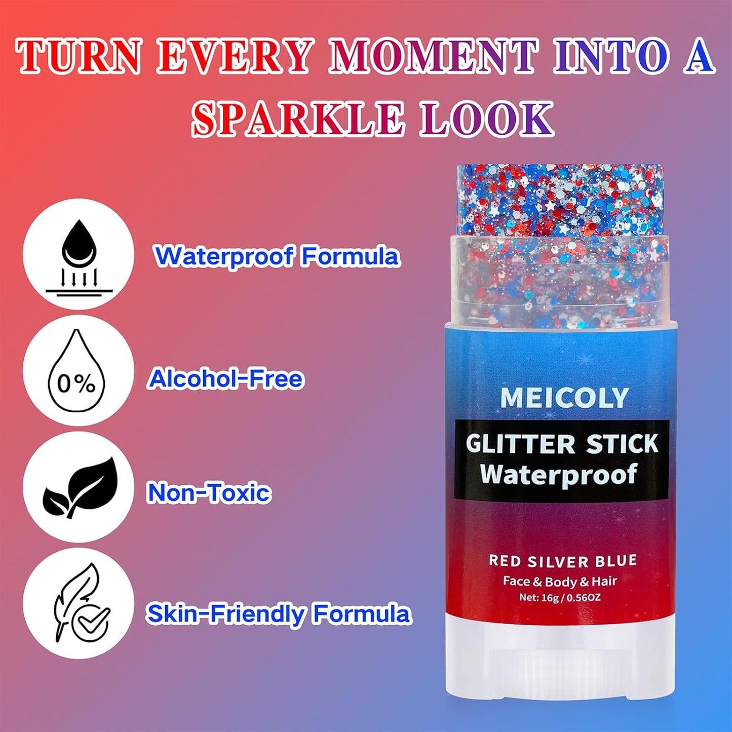 4th of July Hair Glitter Stick - Red, White & Blue Face Glitter for Patriotic Makeup | Independence Day Accessories
