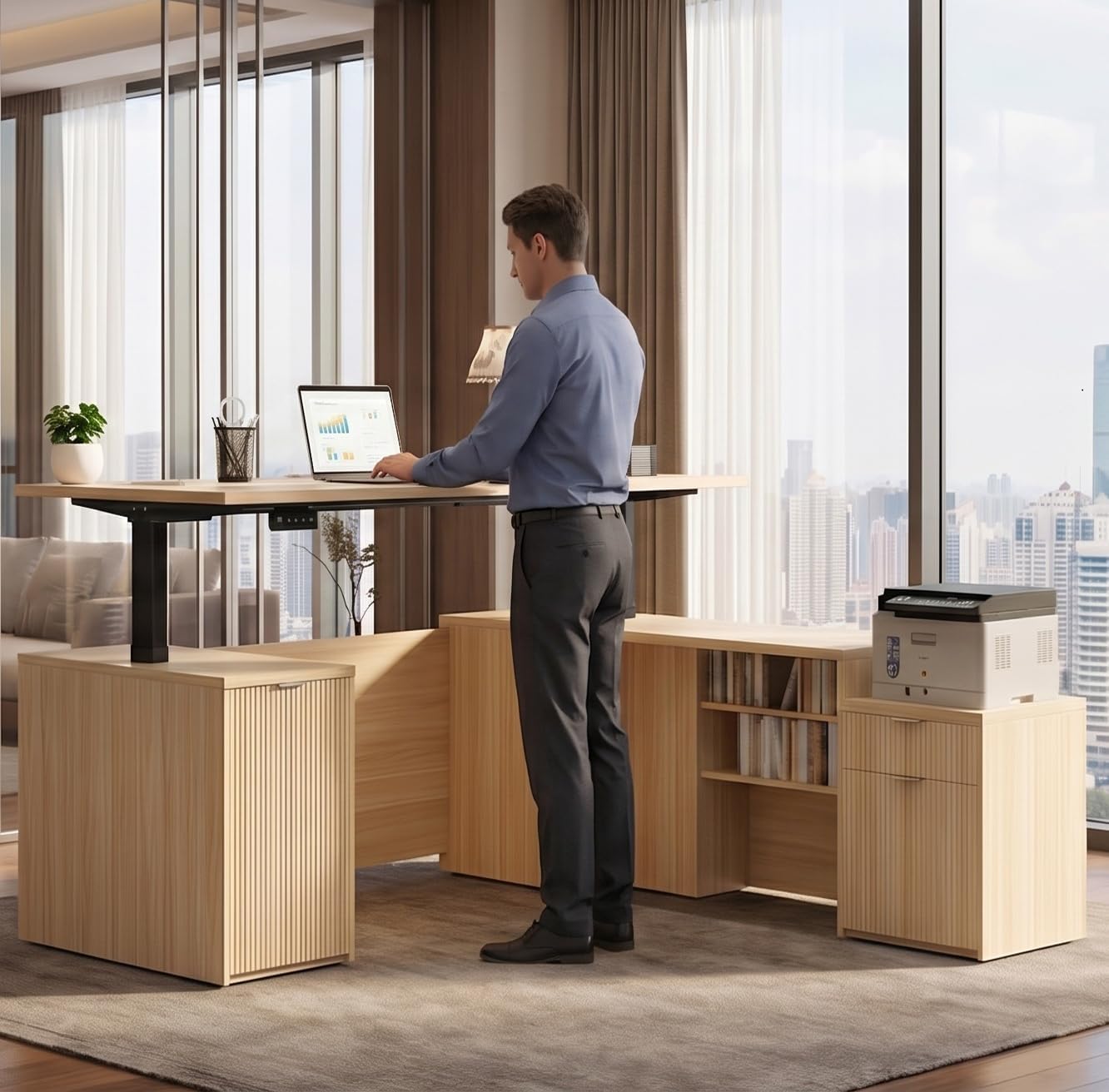 L Shaped Executive Desk - Height Adjustable Modern Office Workstation with File Cabinet & USB | Natural Wood Finish