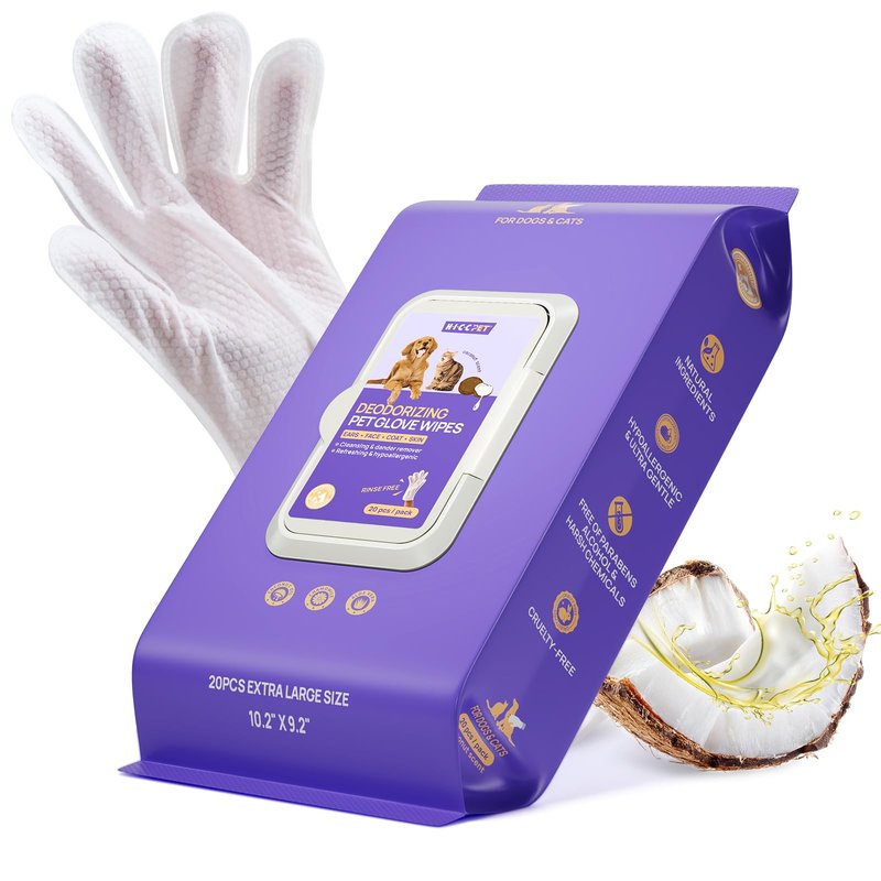 HICC PET Cleaning Deodorizing Glove Wipes for Dogs & Cats, Vet Recommended Hypoallergenic Hydrating & Nourish Fur Pet Grooming Glove Wipes, Pet Bathing Wipes for Horse Coat Care,20pcs Coconut Scent
