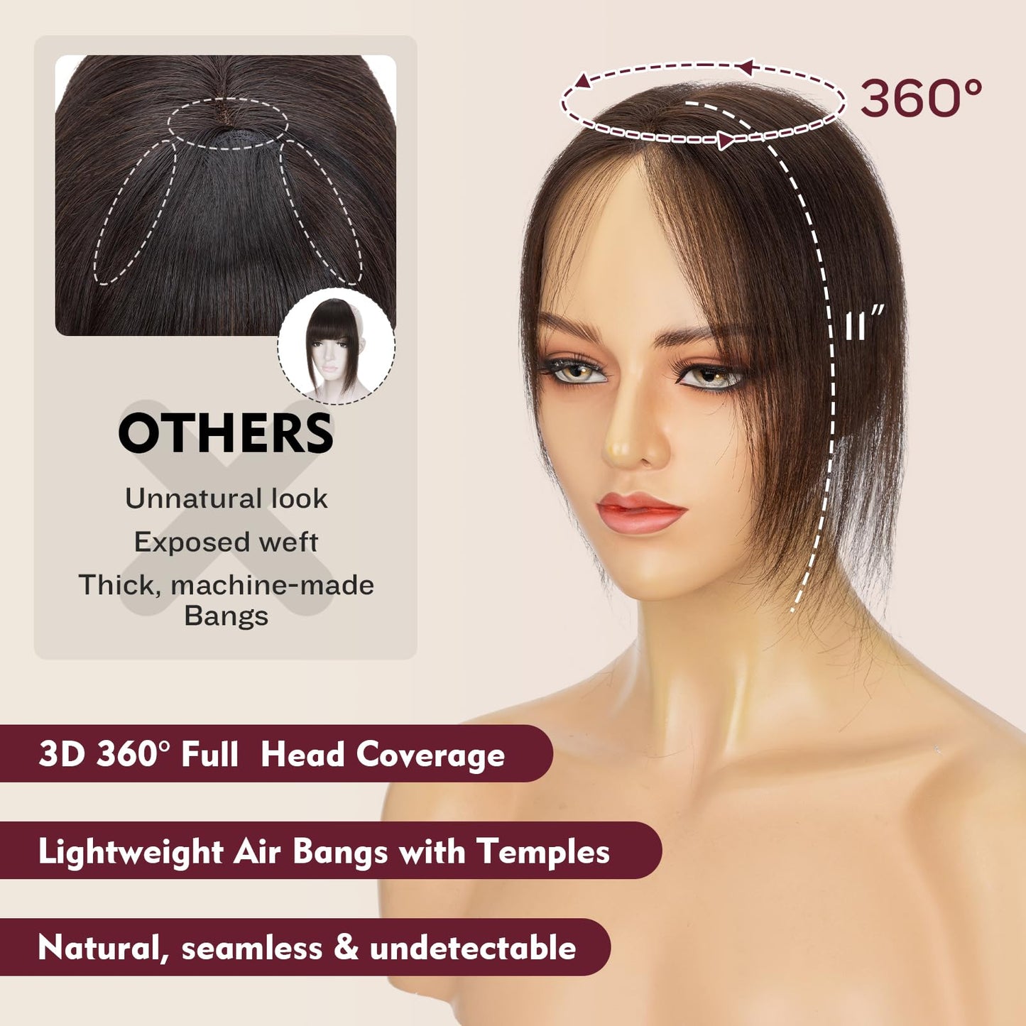 Human Hair Toppers for Women,TESS Hair Toppers for Women Real Human Hair,Clip in Bangs,Invisible 3D 360°Full Cover Middle Part Side Bangs 2.8"*4.3"Lace Base 11 inches 14g #02 Dark Brown