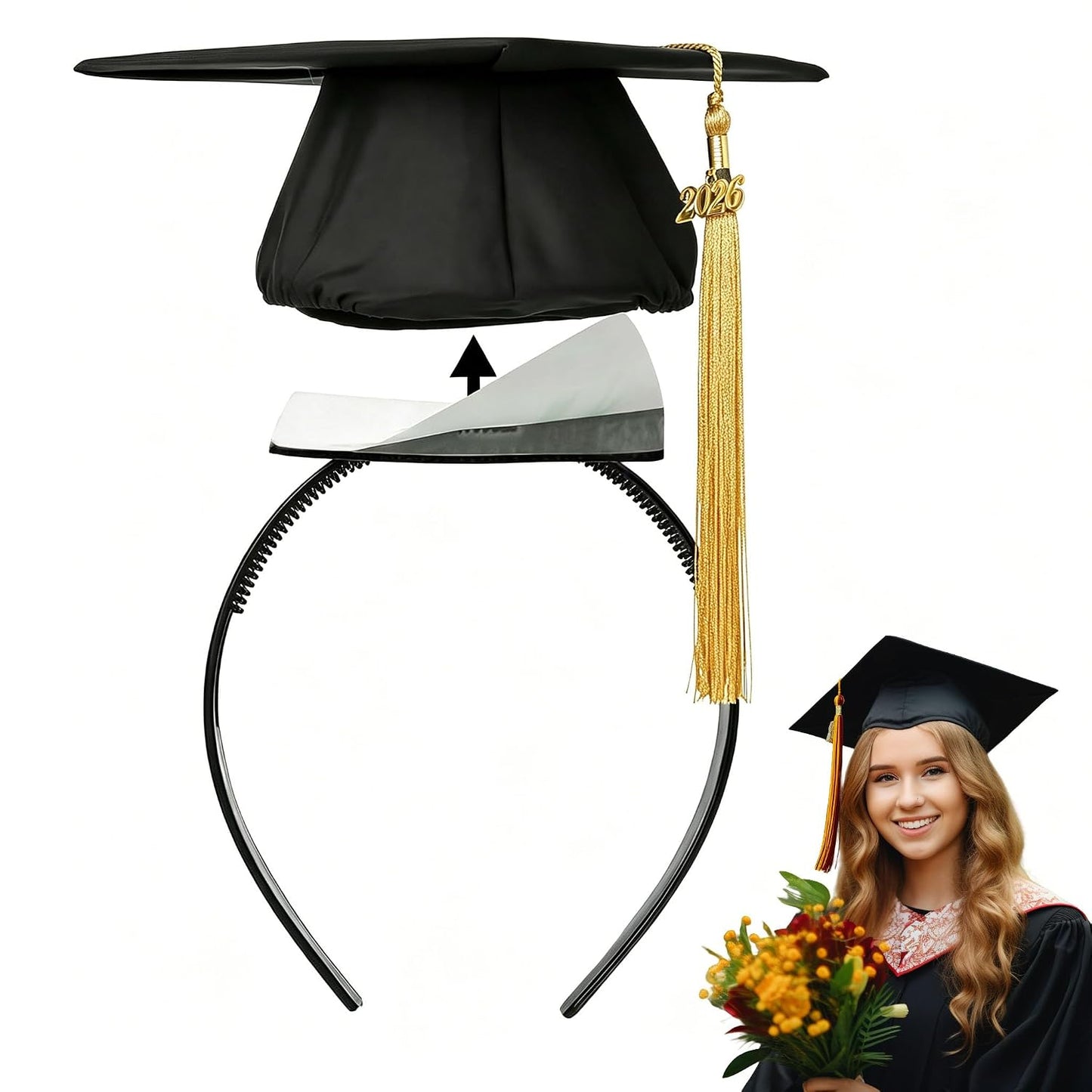 Graduation Cap Headband Insert - Firm Anti-Fall Hair Band for Secure Grad Cap | Black Square, 1 Pack