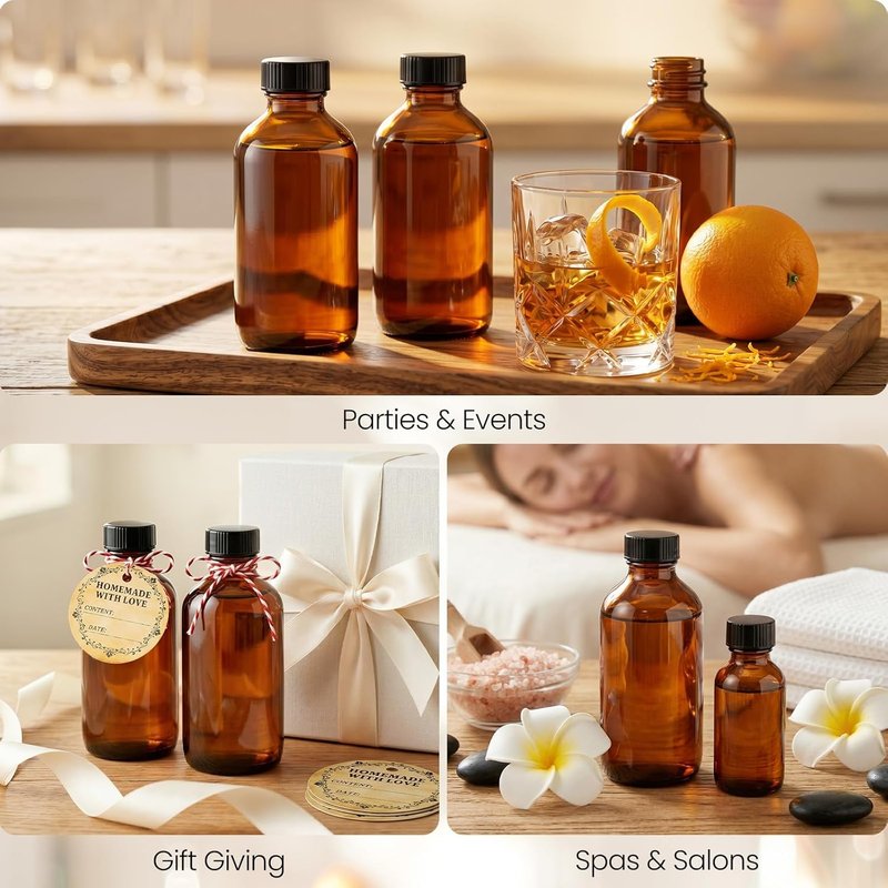 Amber Glass Boston Round Bottles - 54 Pack 4oz Refillable with Airtight Polycone Caps | Ideal for Extracts, Oils & DIY Projects