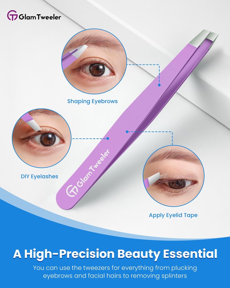Expert Eyebrow Hair Removal Tweezer with Leather Case, GlamTweeler High Precision Slant Tip Stainless Steel Tweezers for Men and Women (Glitter Silver)