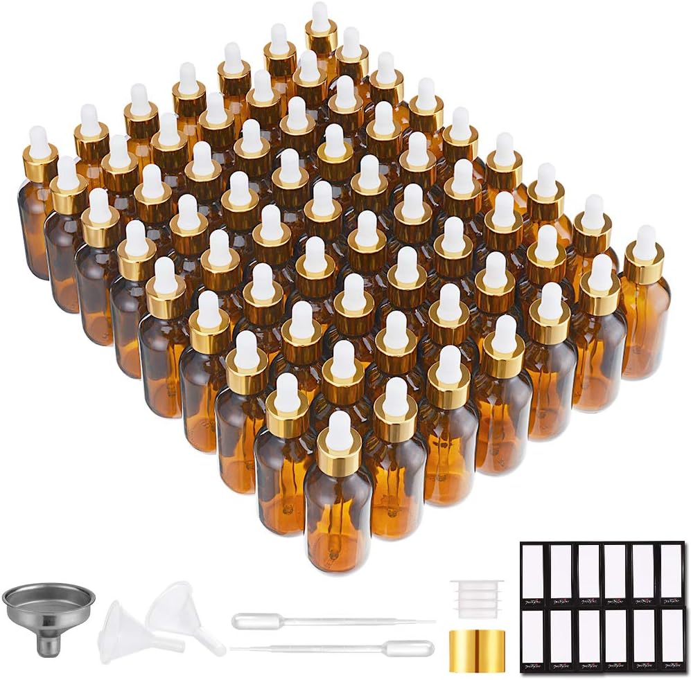 Glass Eye Dropper Bottles - 24 Pack 0.5oz Amber Leakproof Bottles with Golden Caps | Perfect for Essential Oils, Tinctures, Travel