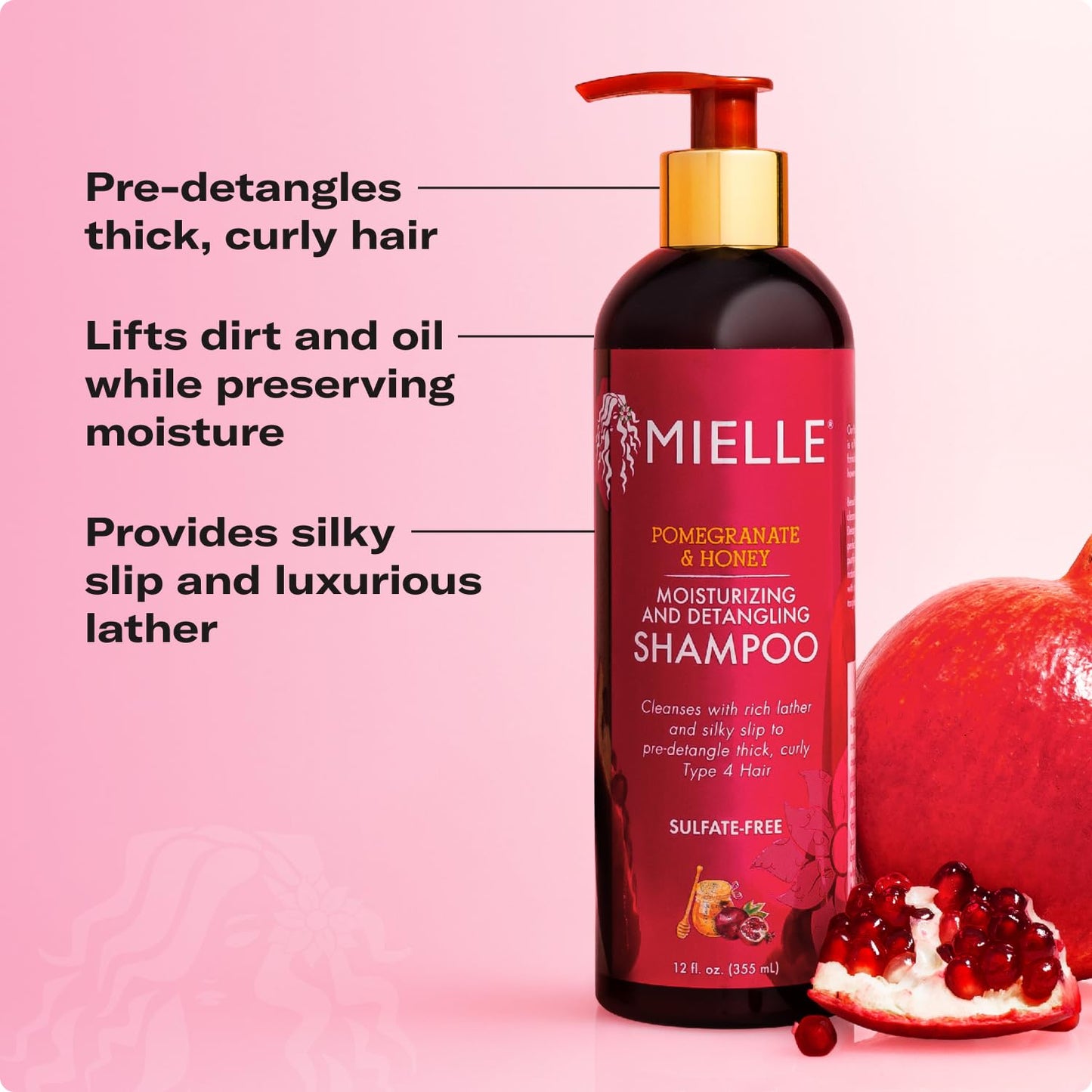 Mielle Organics Pomegranate & Honey Shampoo - Moisturizing Curly Hair Cleanser with Honey & Babassu Oil | 12 Fl Oz