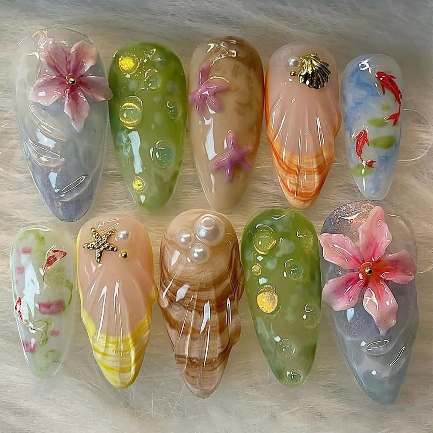 Pink Flower Press-On Nails - Medium Almond Floral Design with Rhinestones & Glitter | 24 Pcs Full Cover Acrylic Nails