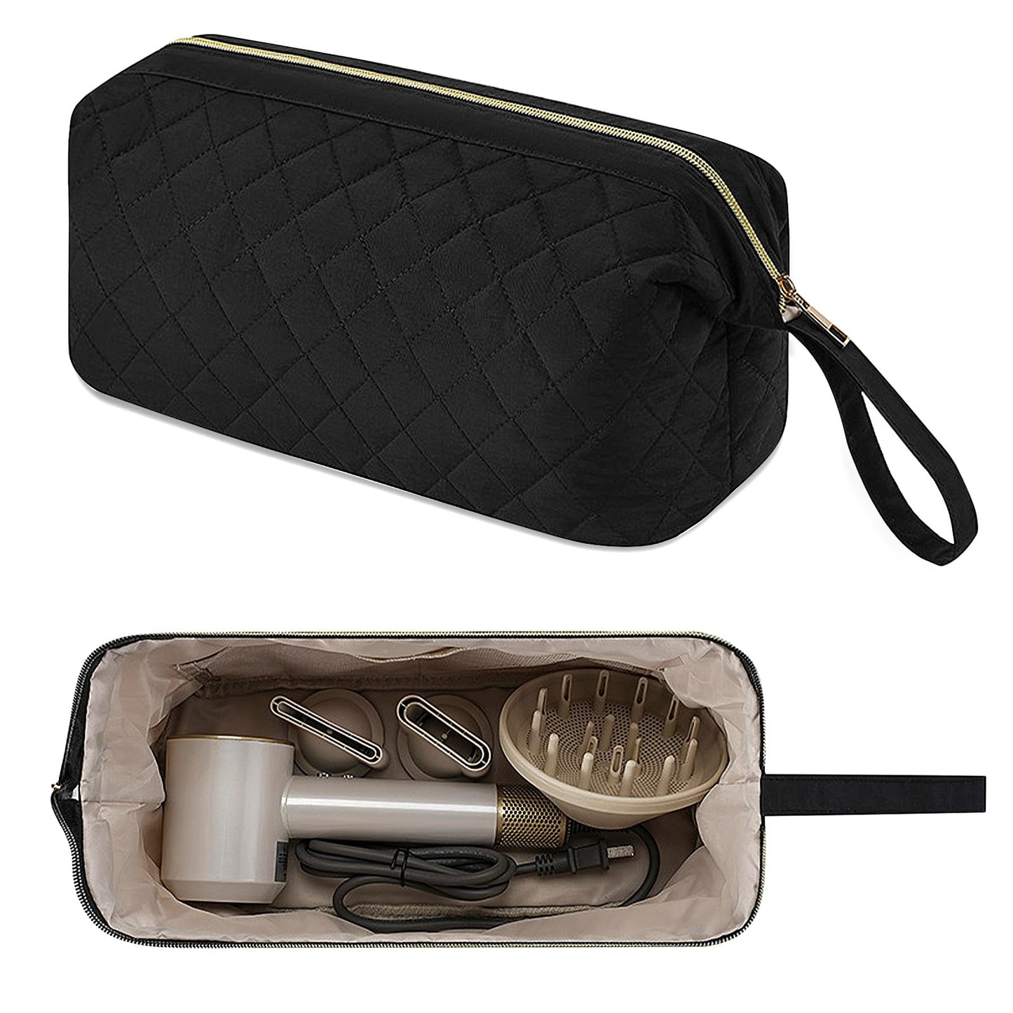 Pierides Quilted Hair Tools Travel Organizer Bag,Portable Large Hair Styling Accessories Storage Case for Flat Irons,Straightener,Curling Iron,Hair Dryer (Black)
