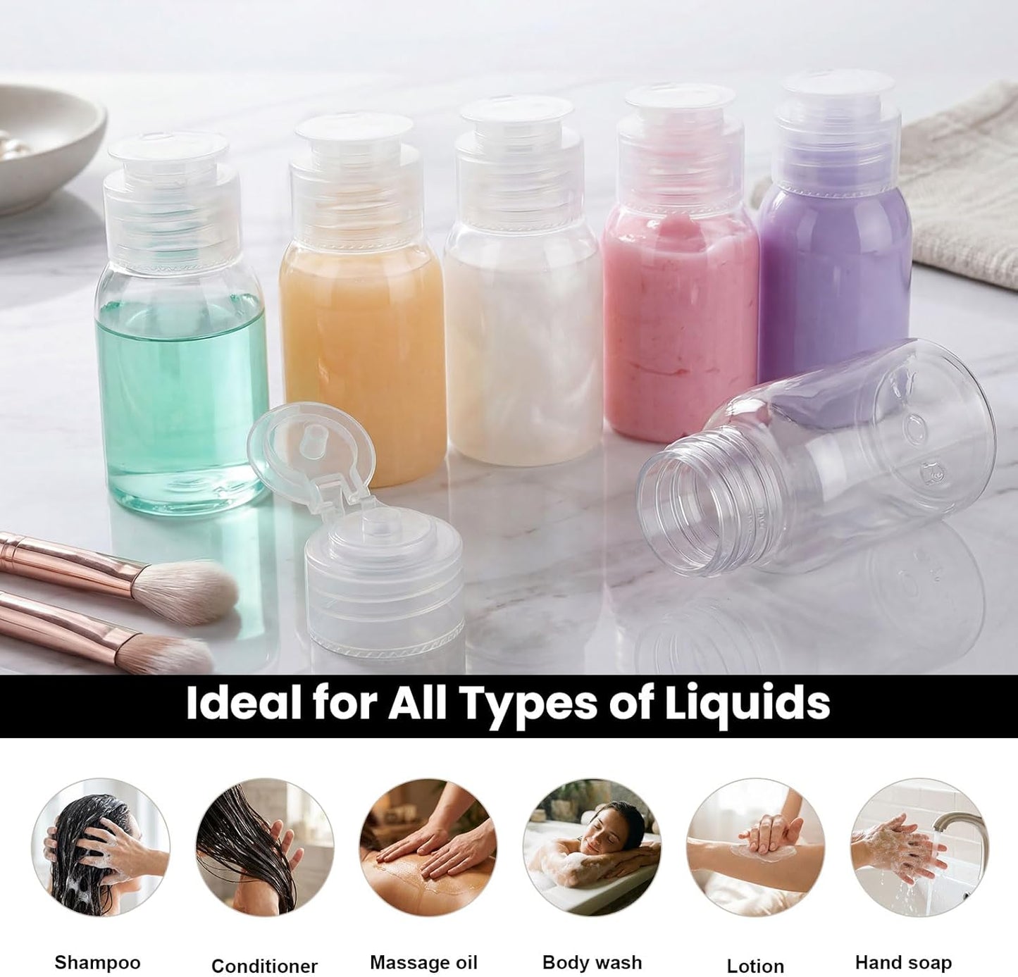 Travel Bottles for Toiletries - 6 Pack Leak Proof 2.2oz Containers | TSA Approved Squeeze Bottles for Shampoo & Conditioner