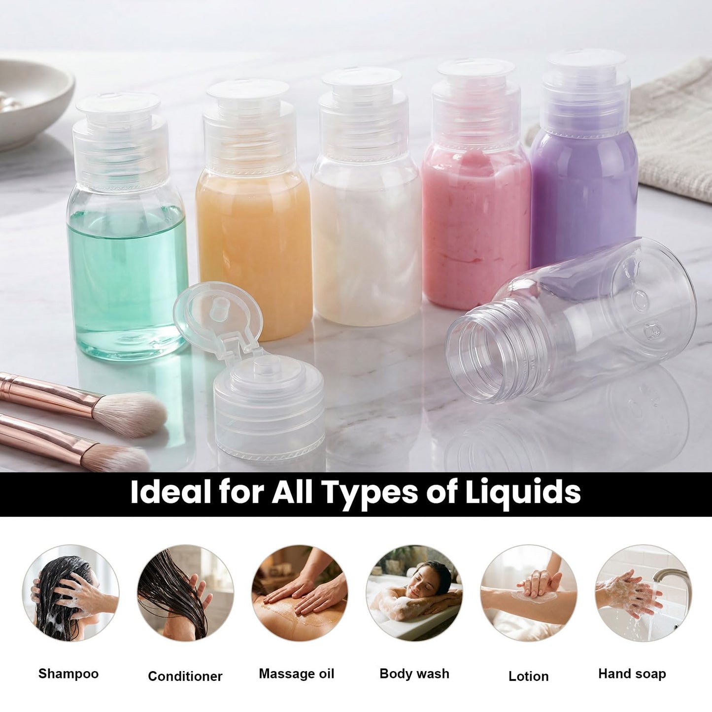 Decorniqu Travel Bottles for Toiletries 6 Pack 2.2oz/65ml Leak Proof Travel Size Toiletries Wide Mouth Containers TSA Approved Squeeze Bottles with Flip Cap for Shampoo Conditioner Body Wash(Clear)