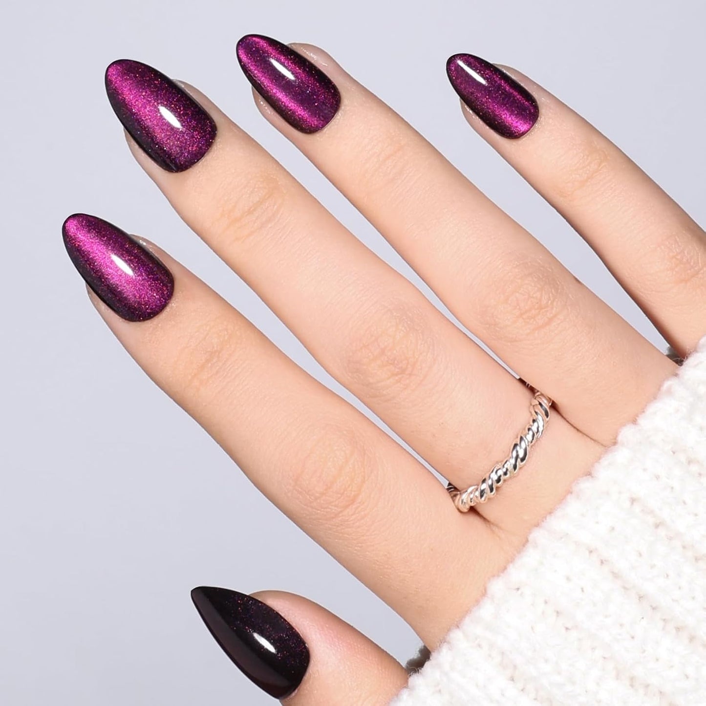 Cat Eye Press On Nails - Short Almond Fake Nails with Nail Glue | Reusable Brown Red 32-Piece Kit in 16 Sizes for Women & Girls