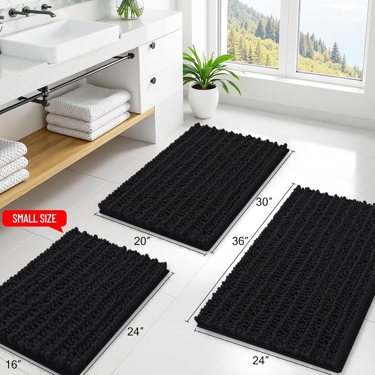 Extra Soft Chenille Bathroom Rugs - Non-Slip, Quick Dry | 24x16 Black Bath Mat