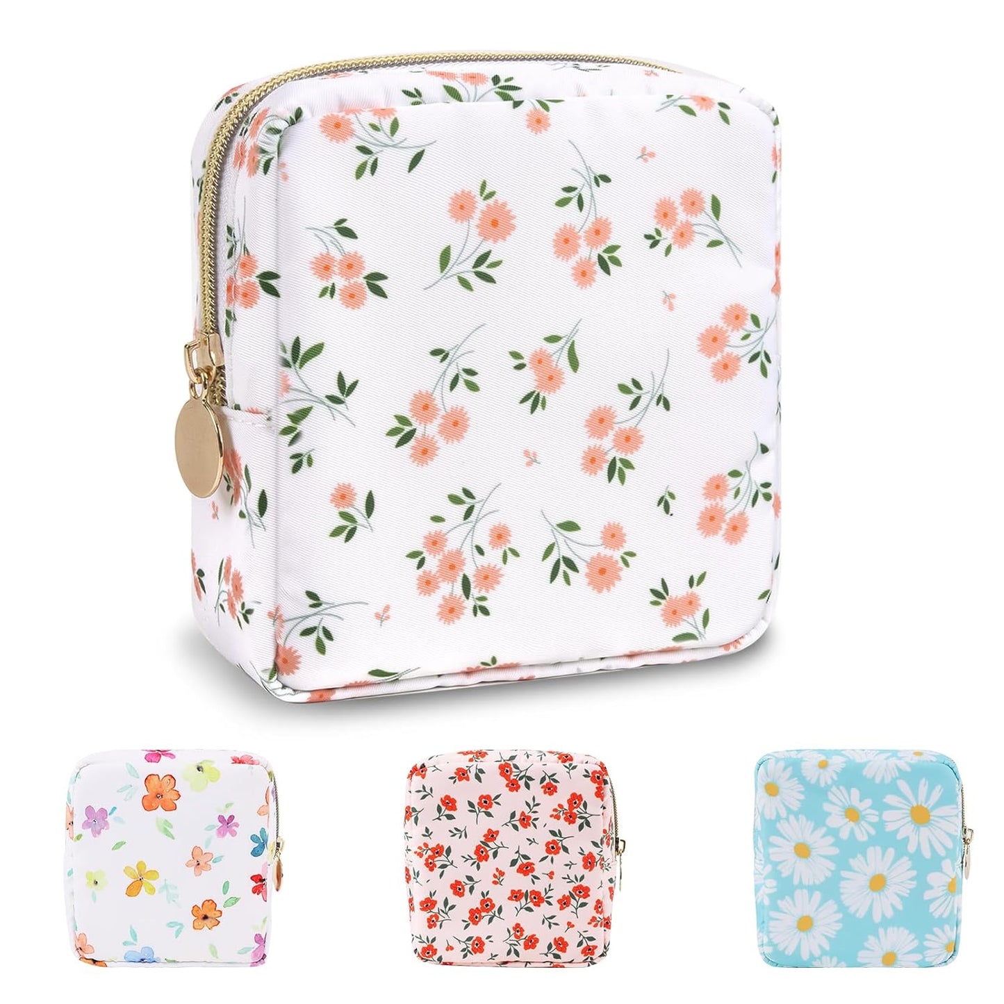 Waterproof Mini Floral Makeup Bag - Nylon Travel Pouch for Women | Cute Zipper Toiletry Organizer (Mini White-Flowers)