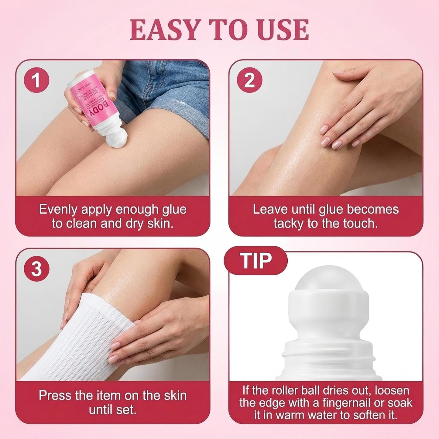 Roll-On Body Adhesive - Hypoallergenic Clear Fashion Glue | Sweat Resistant, Long Lasting Hold for Dancers & Costumes 2 Fl Oz (60ml)