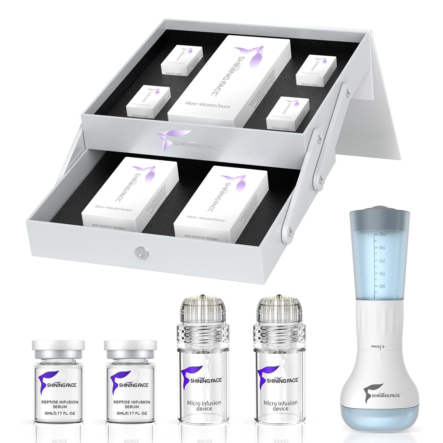 Micro Infusion System for Face & Neck | 0.25mm Facial Stamp with Collagen & Hyaluronic Acid Serum for Firmer, Smoother Skin - 1 Month Supply