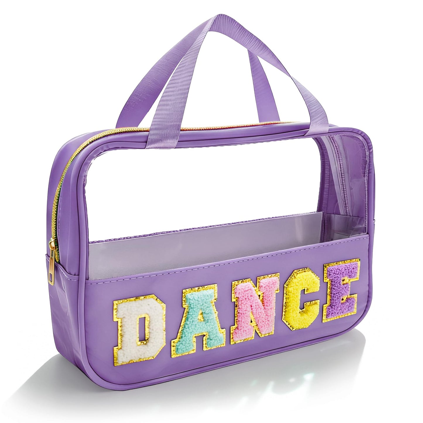 Dance Makeup Bag, Dance Recital Gifts for Girl Women, Chenille Letter Patch Clear Ballet Cosmetic Bag with Handle and Zipper, Waterproof Nylon Travel Toiletry Make Up Bag, Dance Competition Must Haves