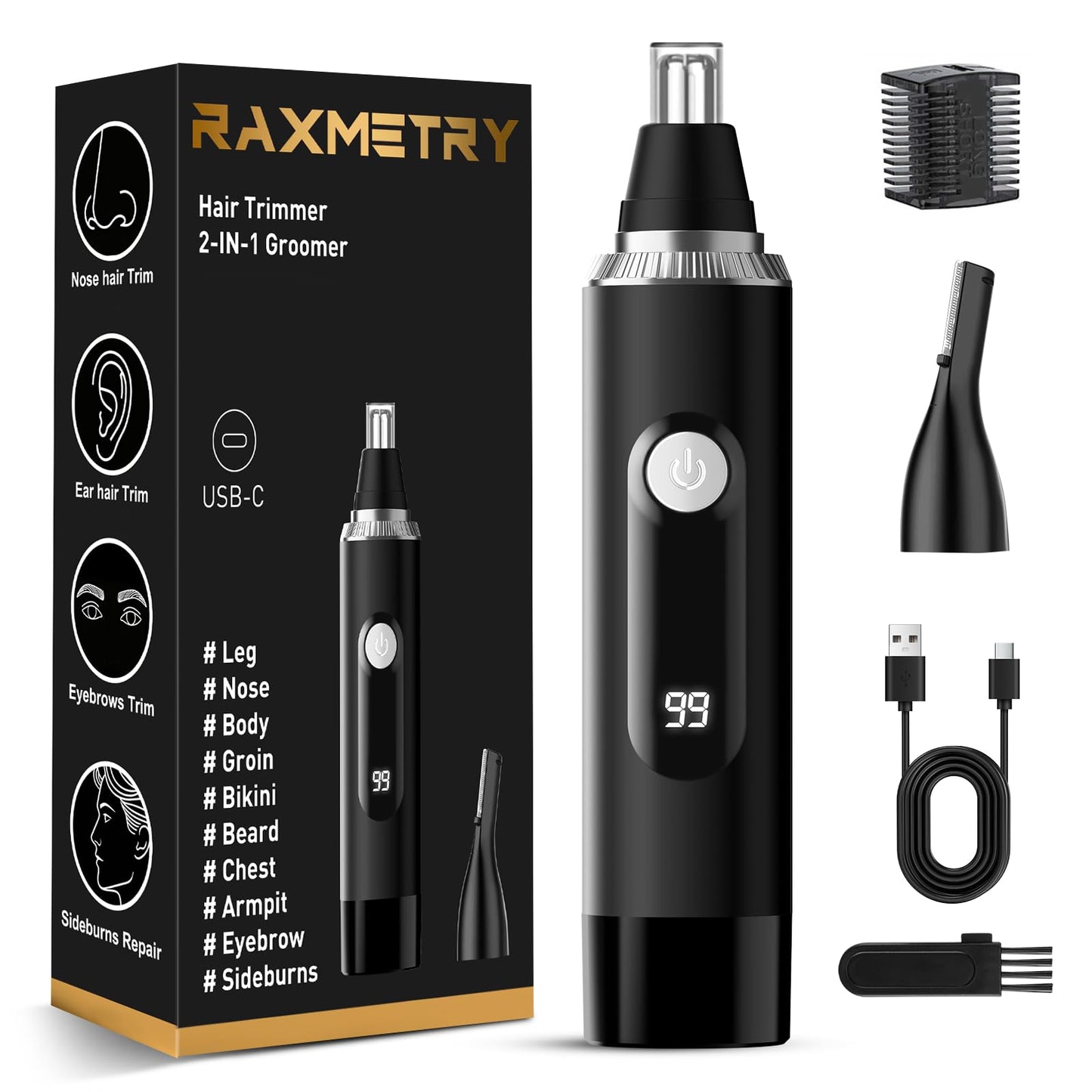 Nose Hair Trimmer for Men and Women,2026 Professional Painless IPX7 Waterproof Eyebrow & Facial Hair Trimmer,USB Rechargeable with LED Display Dual-Edge Blades for Smoother Cutting,BlackSilver