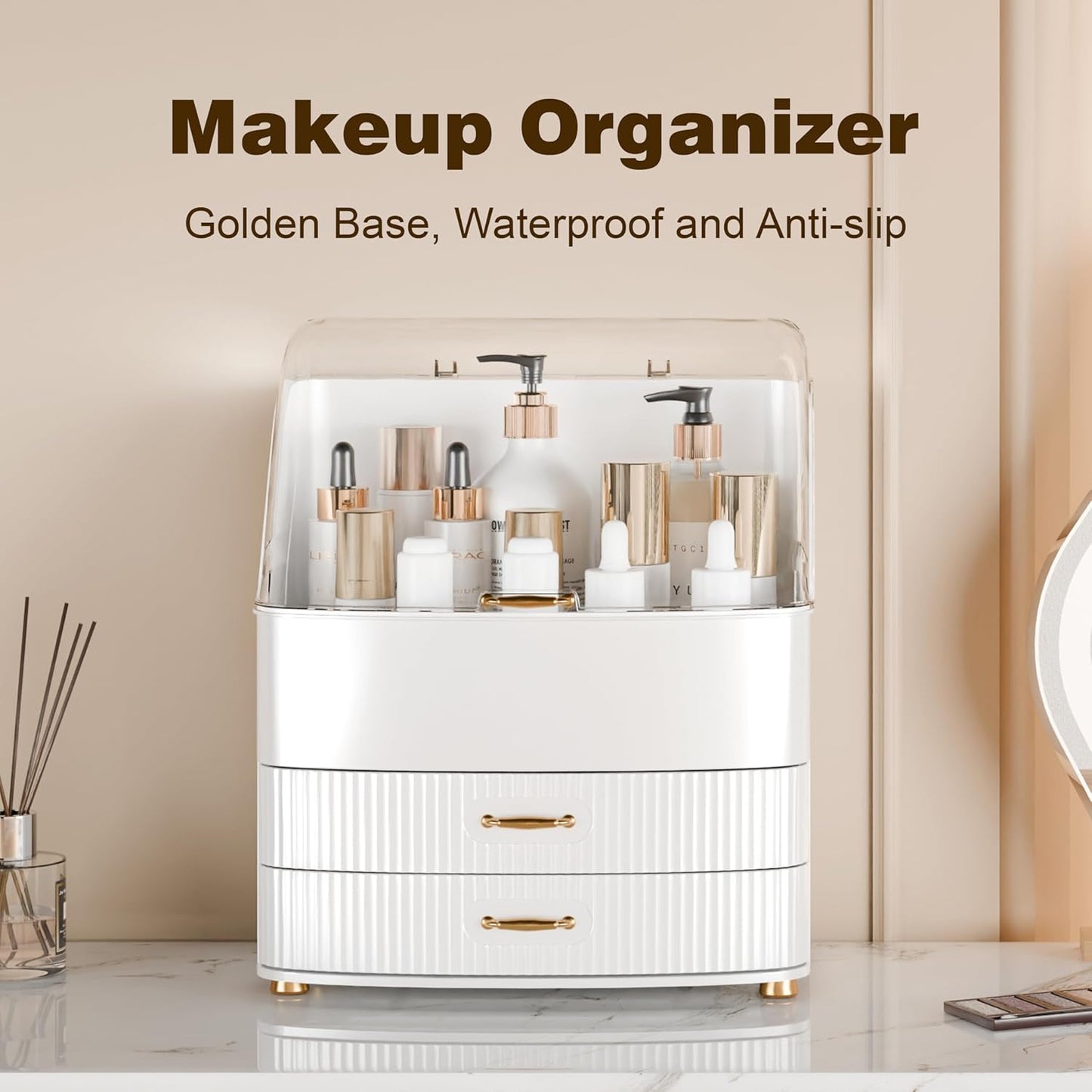Makeup Organizer - Waterproof & Dustproof Vanity Storage with Transparent Lid | White Countertop Design for Cosmetics & Skincare