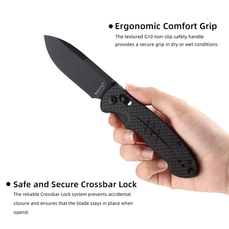 EMHTiii D2 Steel Folding Pocket Knife with Reversible Clip: 3.14" Drop Point Blade, Crossbar Axis Lock, G10 Carbon Fiber Handle, EDC Knives Camping for Men Women E037, Black