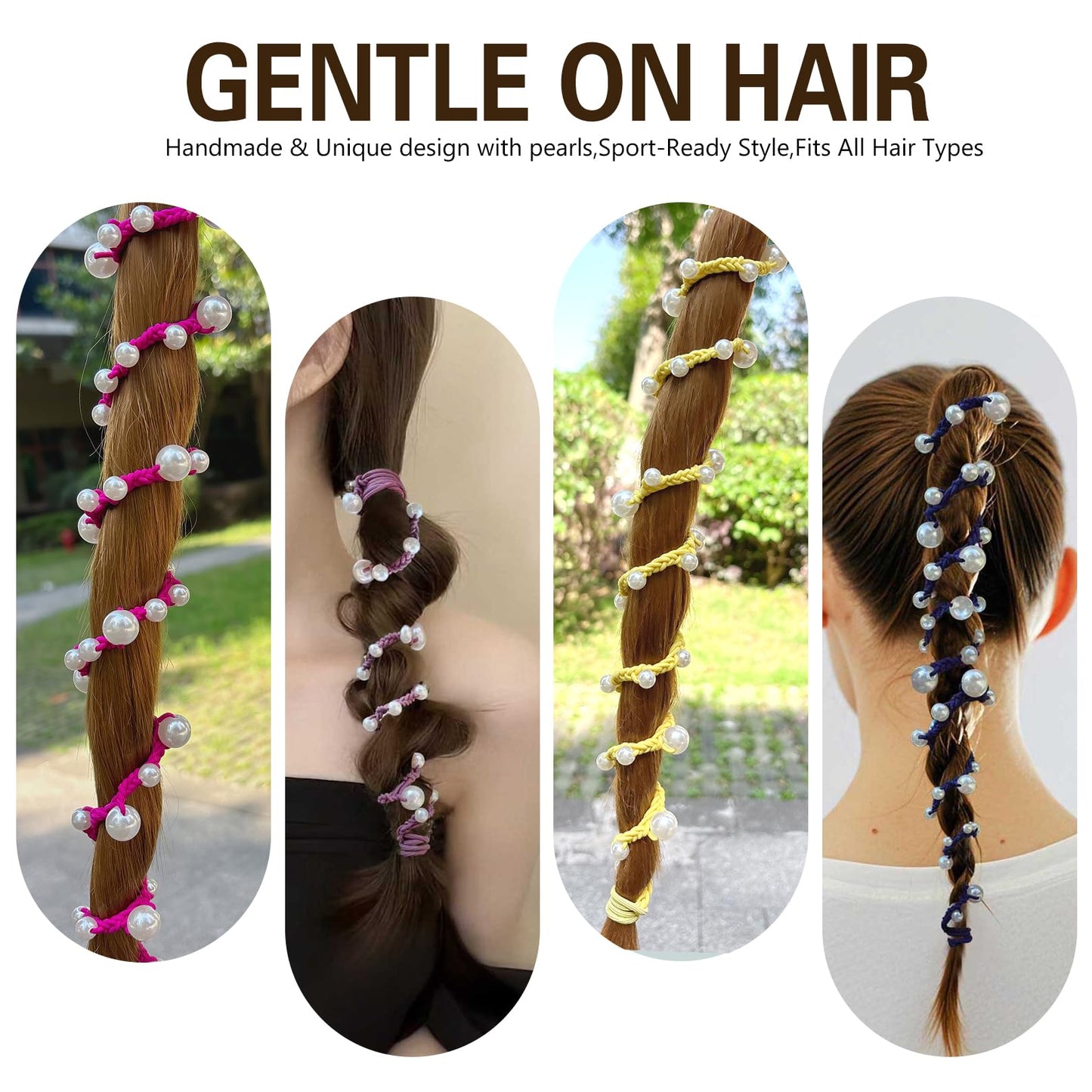 Spiral Hair Ties for Women No Hook, 25" Hand Braided Pearl Ponytail Holders Soft Pony Tail Wrap for Sports,Workouts,Daily Use,Swim,Beach, No-Damage Hair Accessories Hair Accessories (Steel Blue)