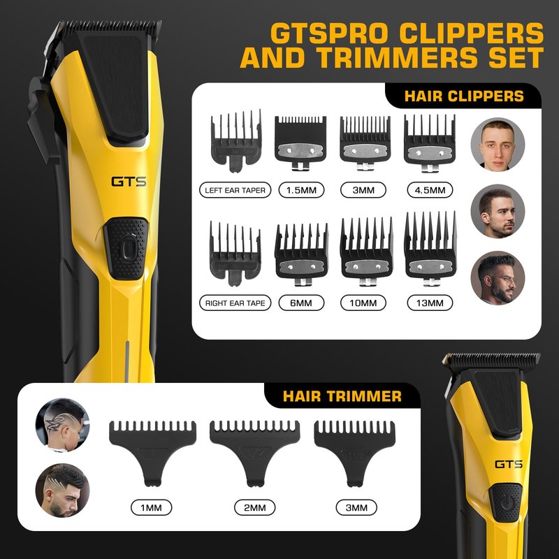 Professional Hair Clippers for Men, Professional Barber Clippers and Trimmer Set, Mens Cordless Hair Clipper for Barbers Haircut Kit Fade Yellow