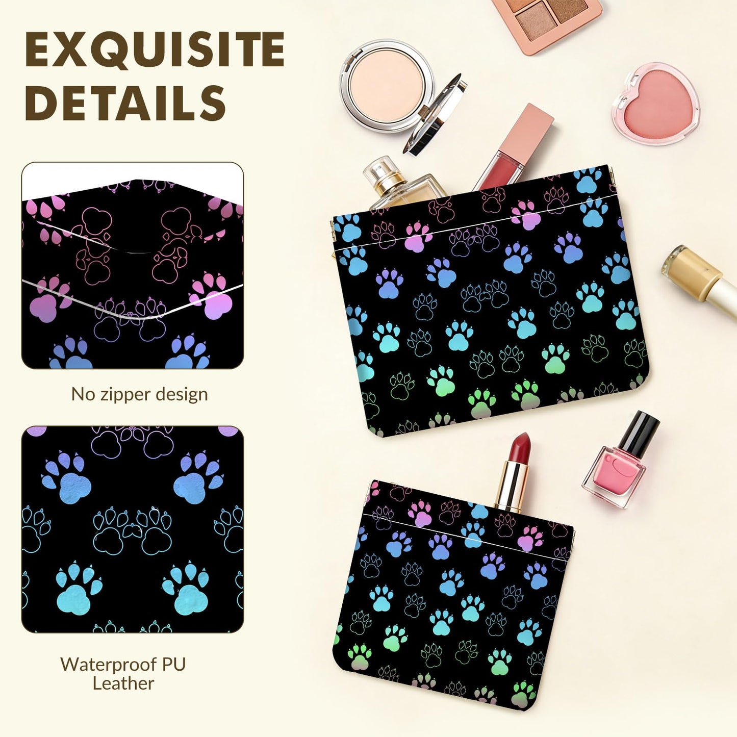 Luoycxy 2 PCS PU Leather Small Makeup Bag Set for Purse,No Zipper Self-closing Cosmetic Bag, Portable Coin Purse Lipstick Accessories Organizer Travel Toiletry Storage Pouch for Women,Dog paw print